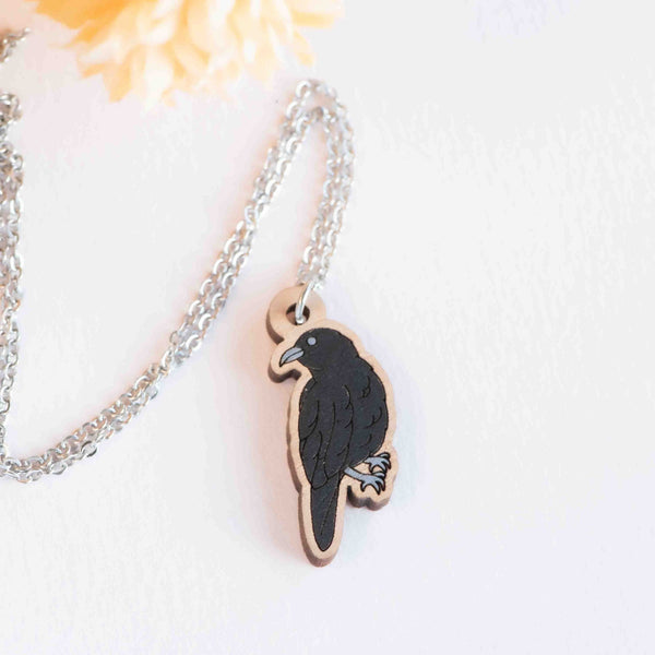 Hand Painted Raven Wooden Necklace - NB62068 - Robin Valley Official Store