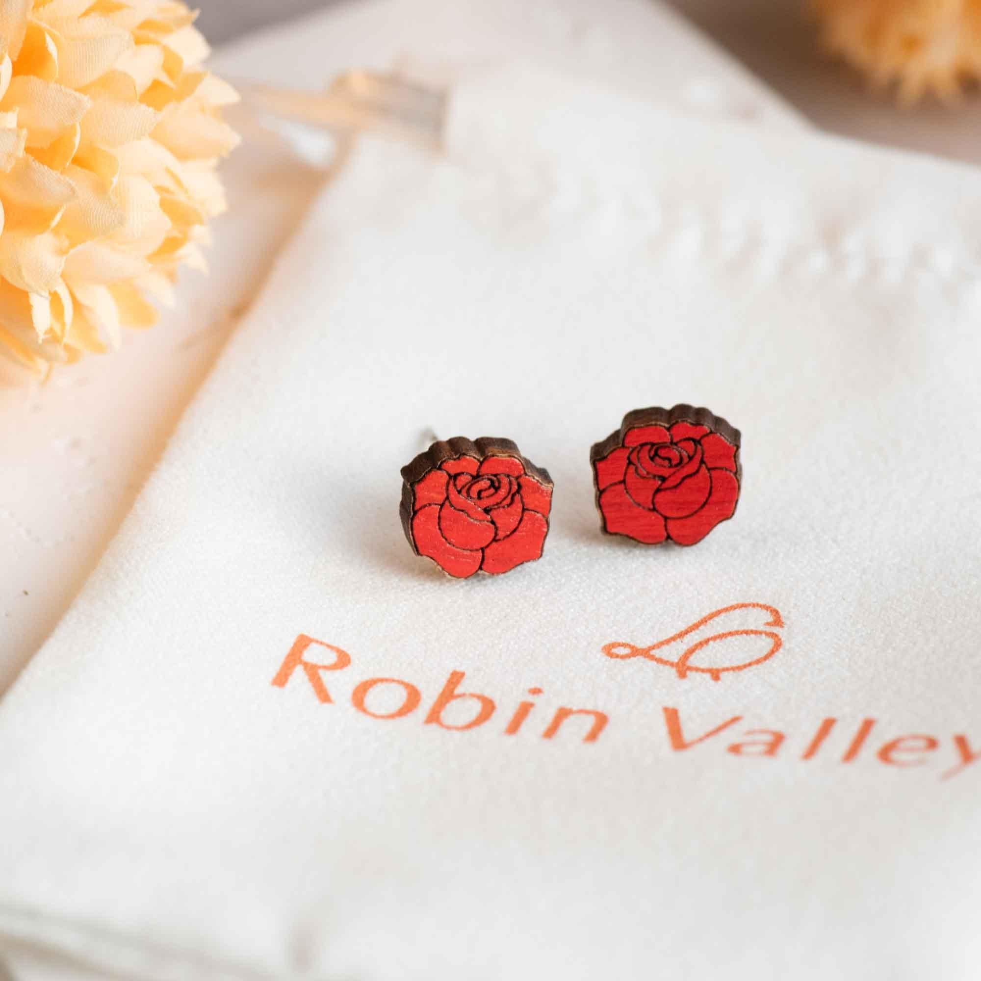 Hand - painted Red English Rose Wooden Earrings - PEO14116 - Robin Valley Official Store