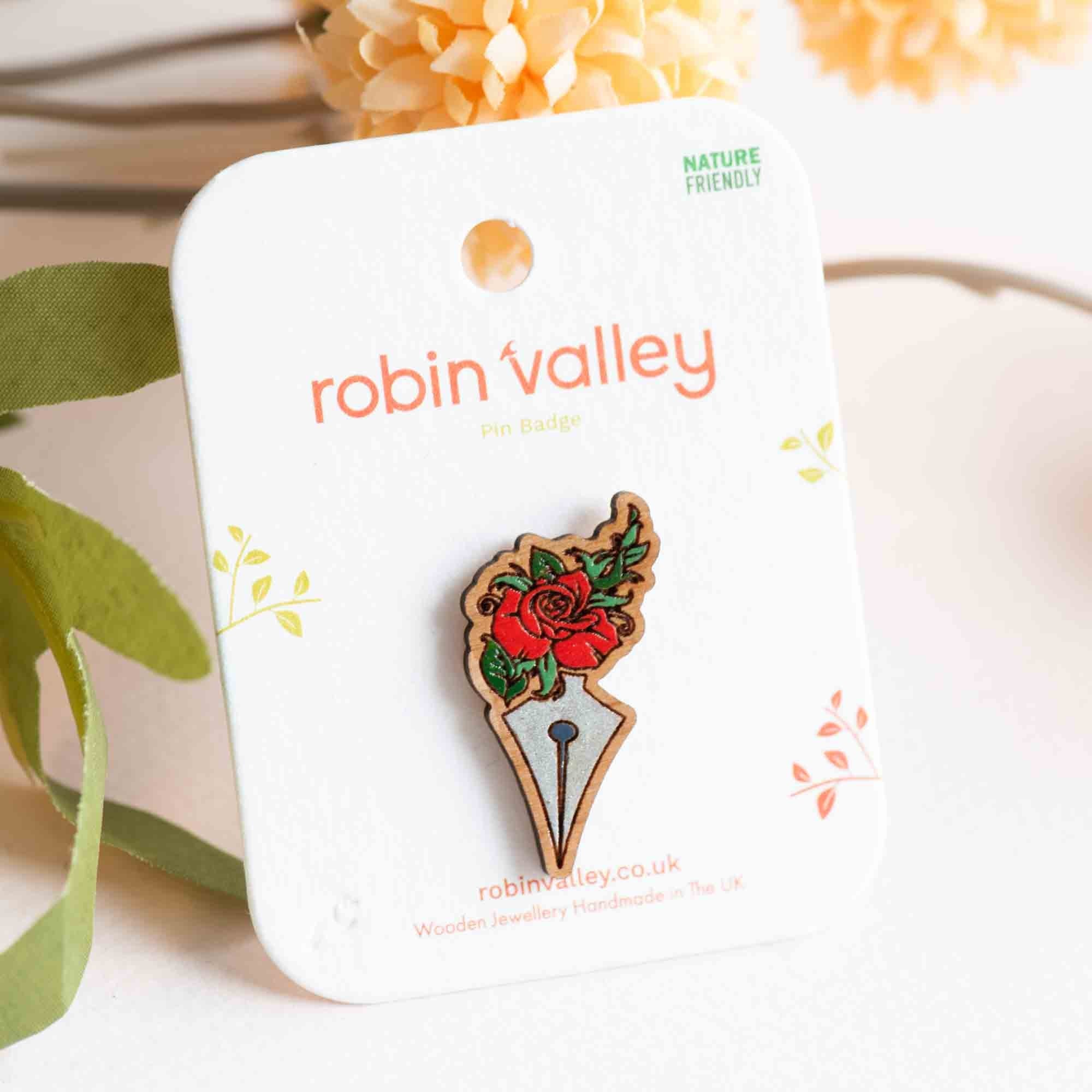 Hand - painted Rose Pen Wooden Pin Badge - PT45358 - Robin Valley Official Store