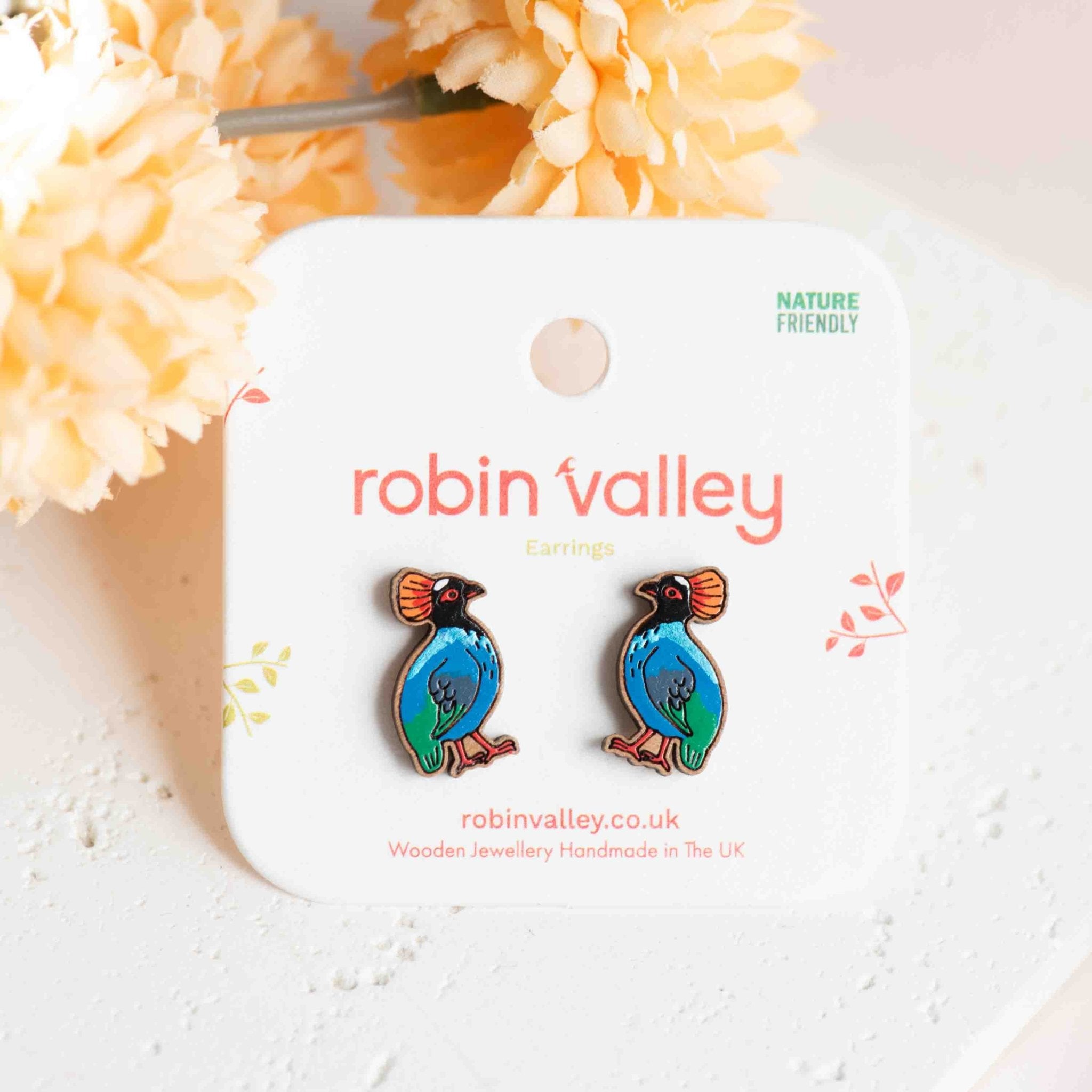 Hand - painted Roul Roul Bird Wooden Stud Earrings - PEB12124 - Robin Valley Official Store