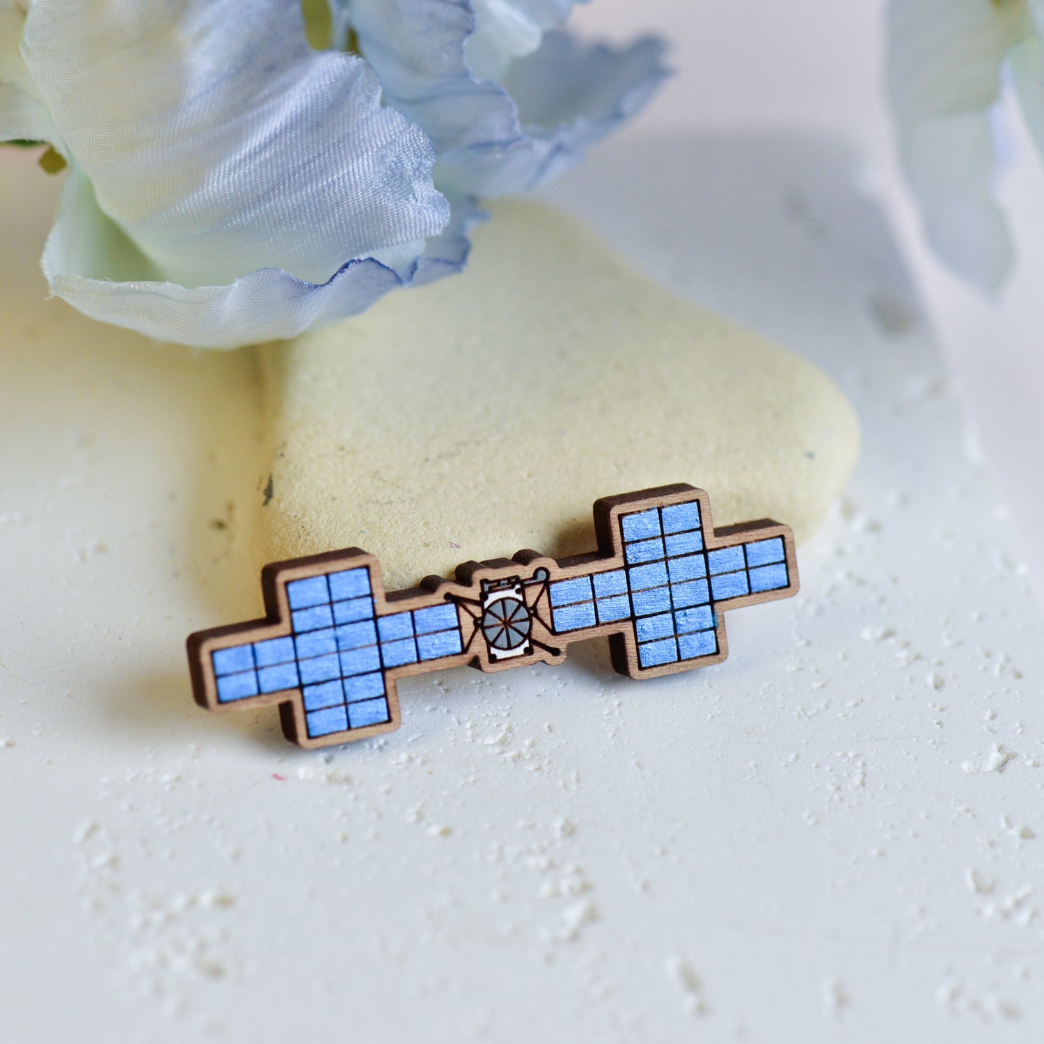 Hand - painted Satellite Wooden Pin Badge - Robin Valley Official Store