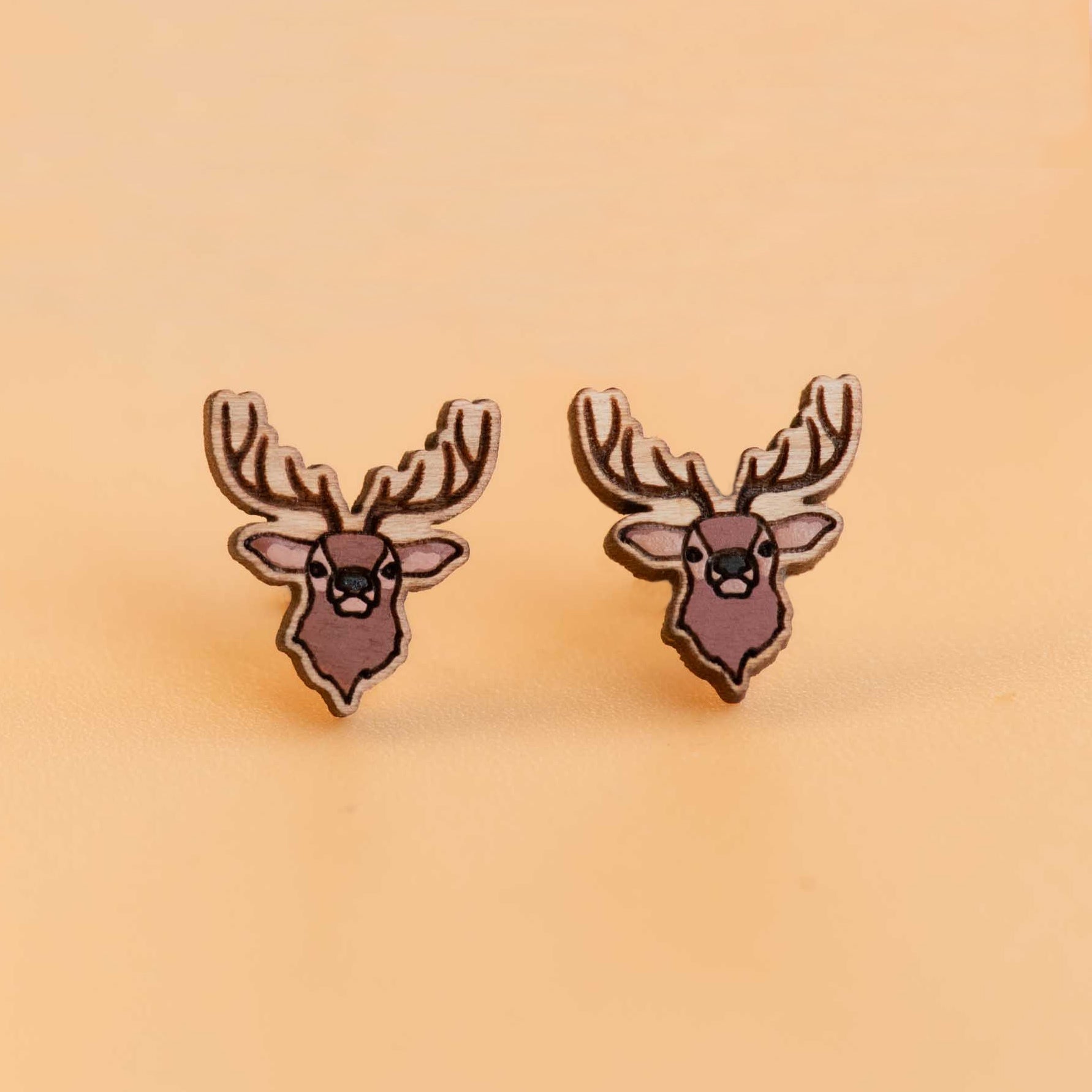 Hand - painted Scottish Red Deer Wooden Earrings - PEL10349 - Robin Valley Official Store