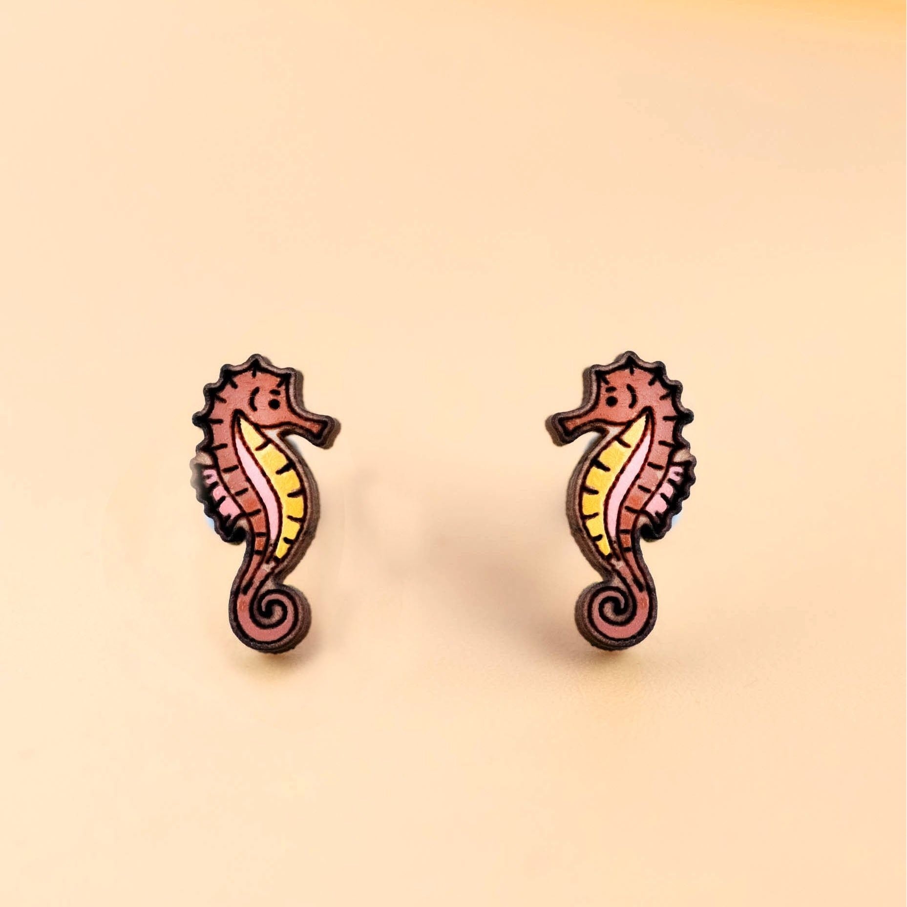 Hand - painted Seahorse Wooden Earrings - PES13015 - Robin Valley Official Store