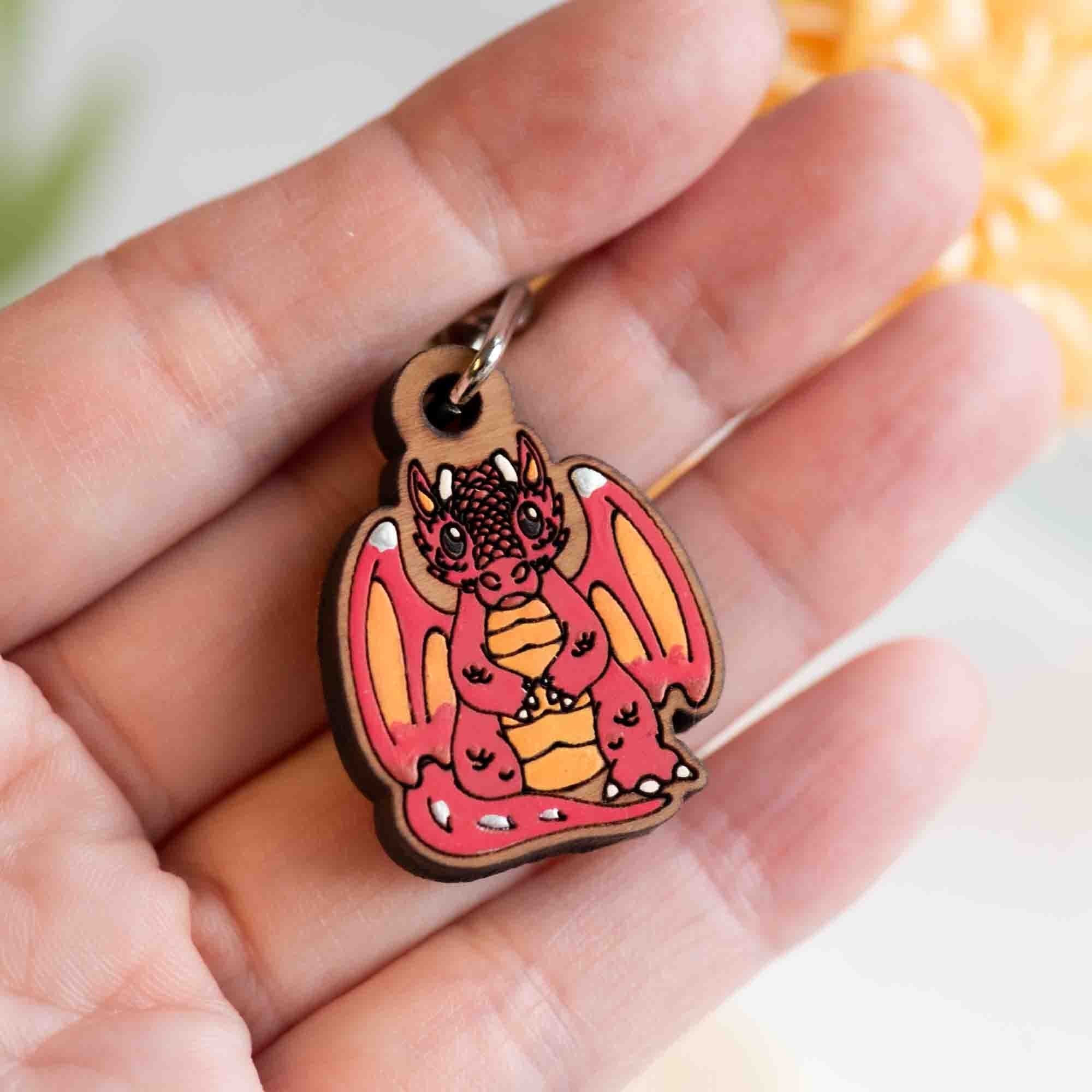 Hand - painted Shy Fire Dragon Wooden Keyring - KO24103 - Robin Valley Official Store
