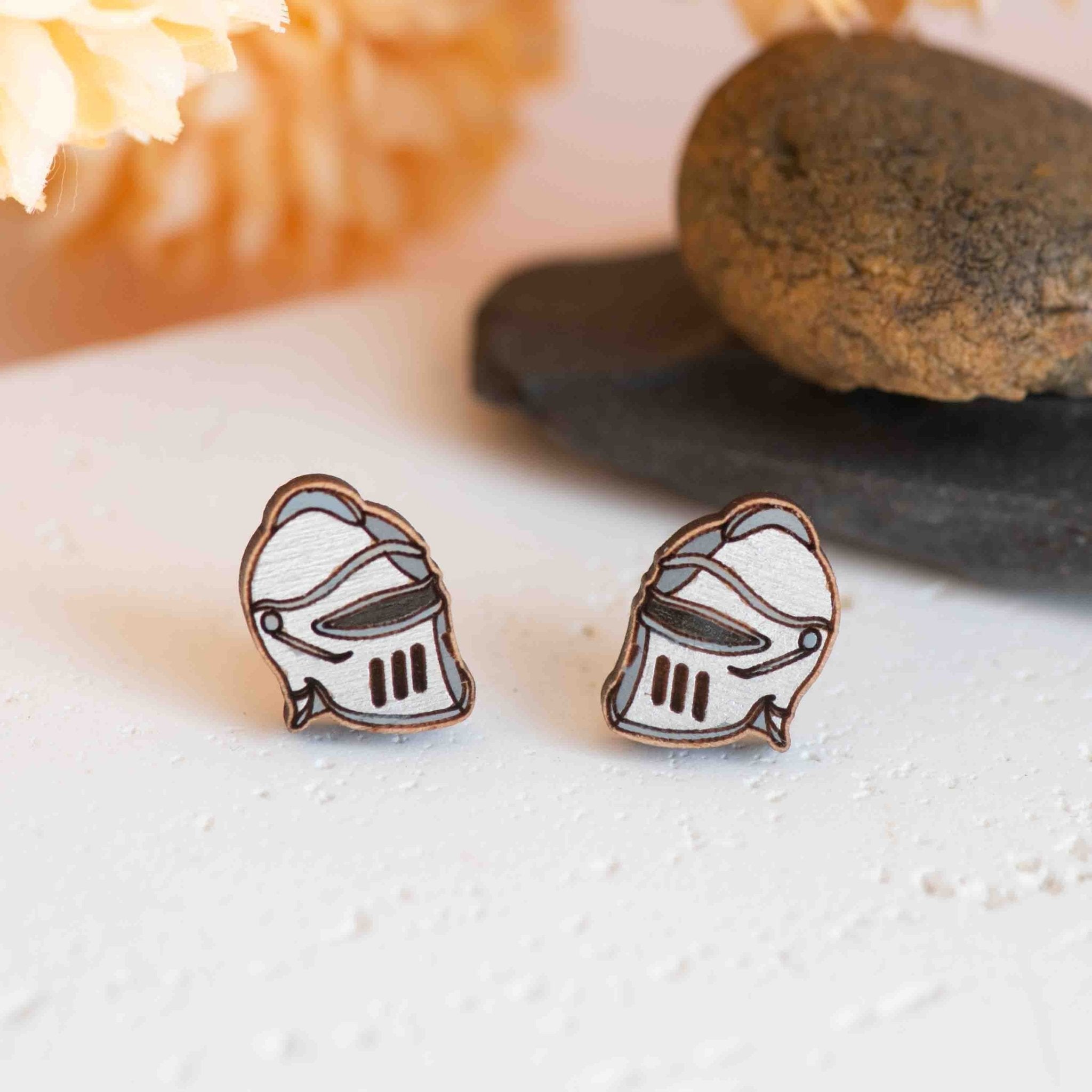Hand - painted Silver Knight Helmet Wooden Stud Earrings - PET15496 - Robin Valley Official Store