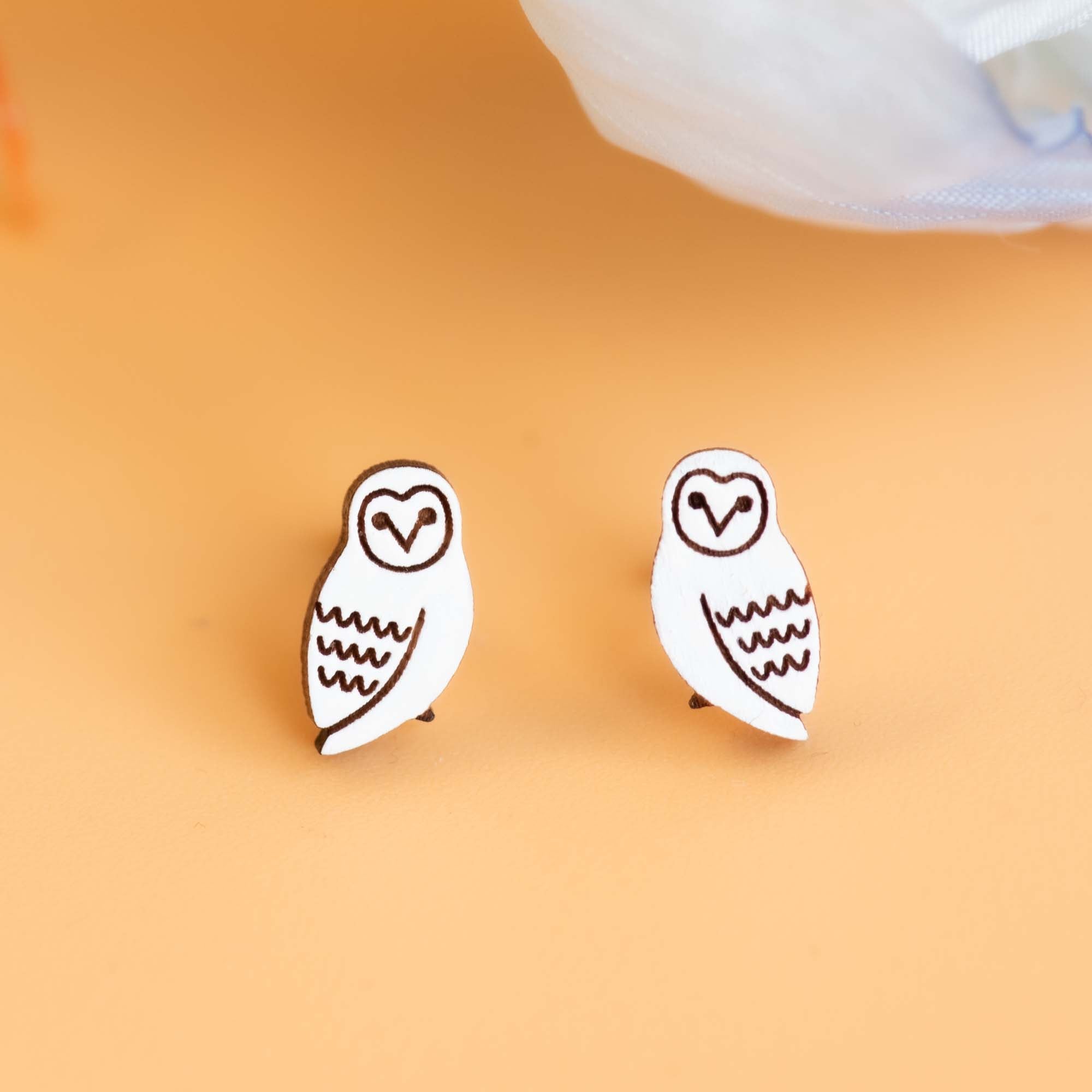 Hand - painted Simple Snowy Owl Wooden Earrings - PEB12070 - Robin Valley Official Store