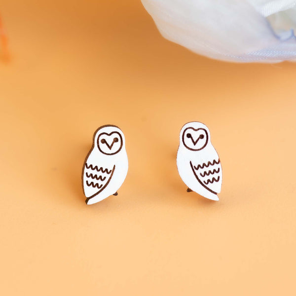 Hand - painted Simple Snowy Owl Wooden Earrings - PEB12070 - Robin Valley Official Store