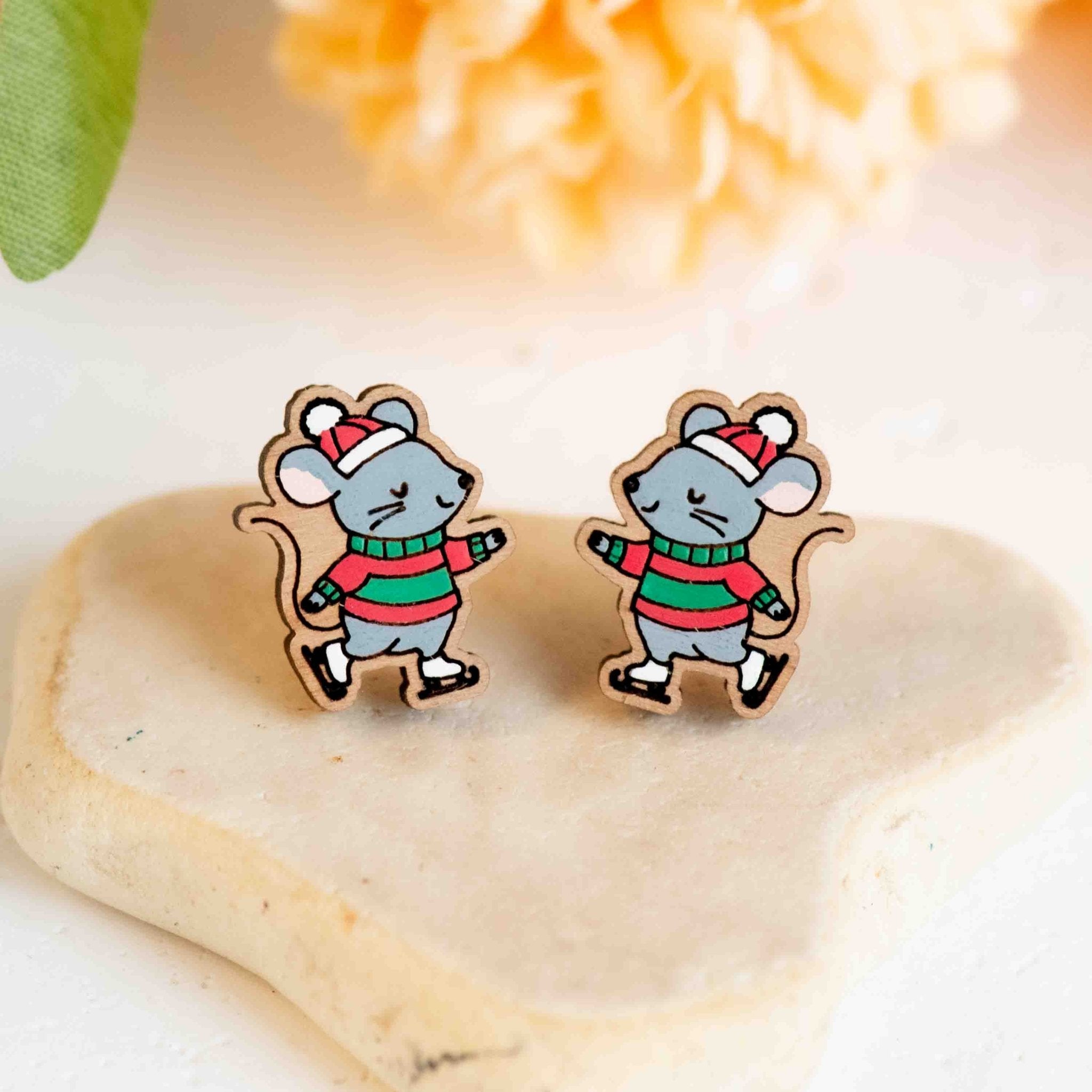 Hand - painted Skating Little Mouse Wooden Stud Earrings - PEL10505 - Robin Valley Official Store