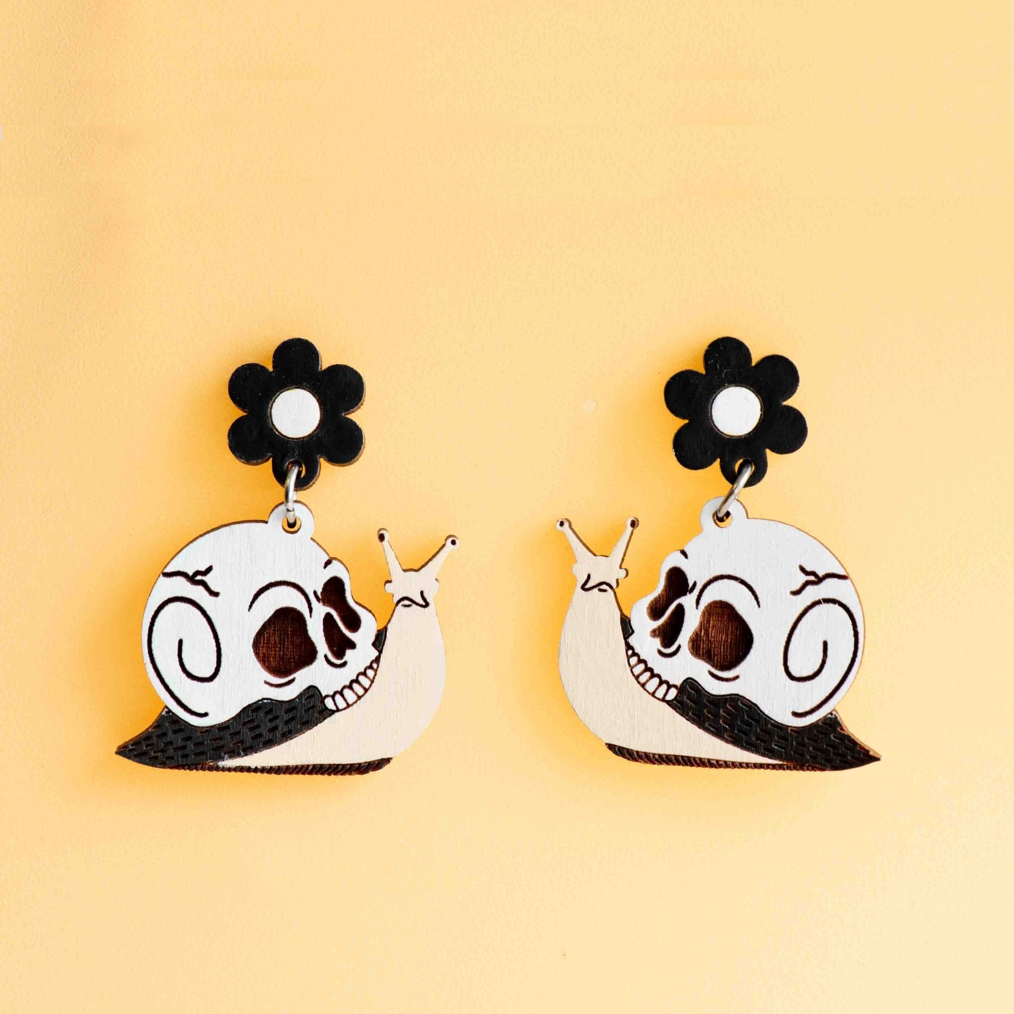Hand - painted Skull Snail Wooden Drop Earrings - PET15484D - Robin Valley Official Store
