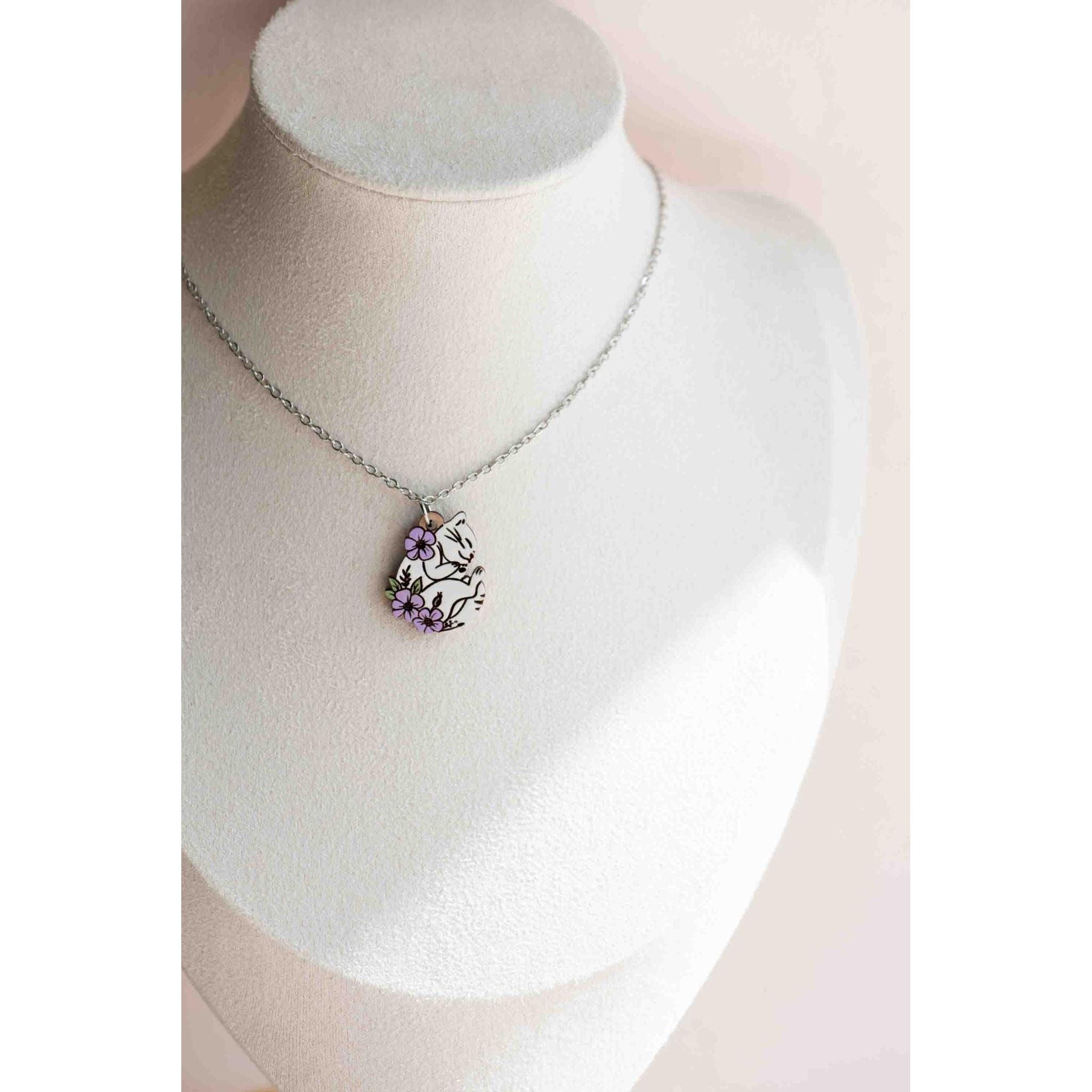 Hand Painted Sleeping Cat Flora Wooden Necklace - NL60394P/O - Robin Valley Official Store