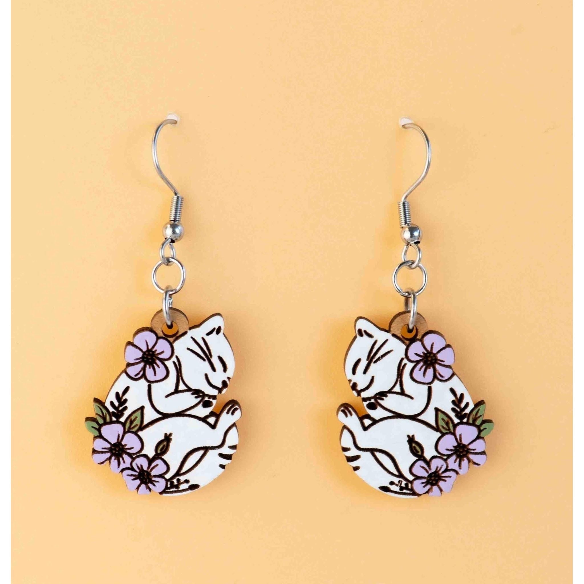 Hand - painted Sleeping Cat With Flower Hook Earrings - PEL10394D - Robin Valley Official Store