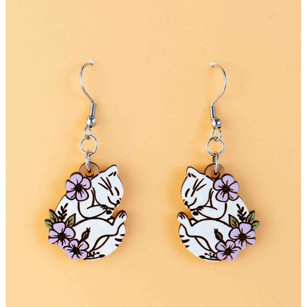 Hand - painted Sleeping Cat With Flower Hook Earrings - PEL10394D - Robin Valley Official Store