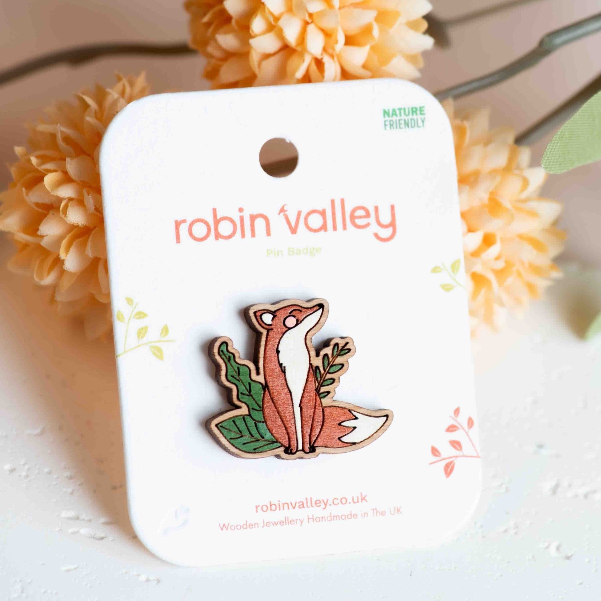 Hand - painted Smiling Fox Wooden Pin Badge - PL40381 - Robin Valley Official Store