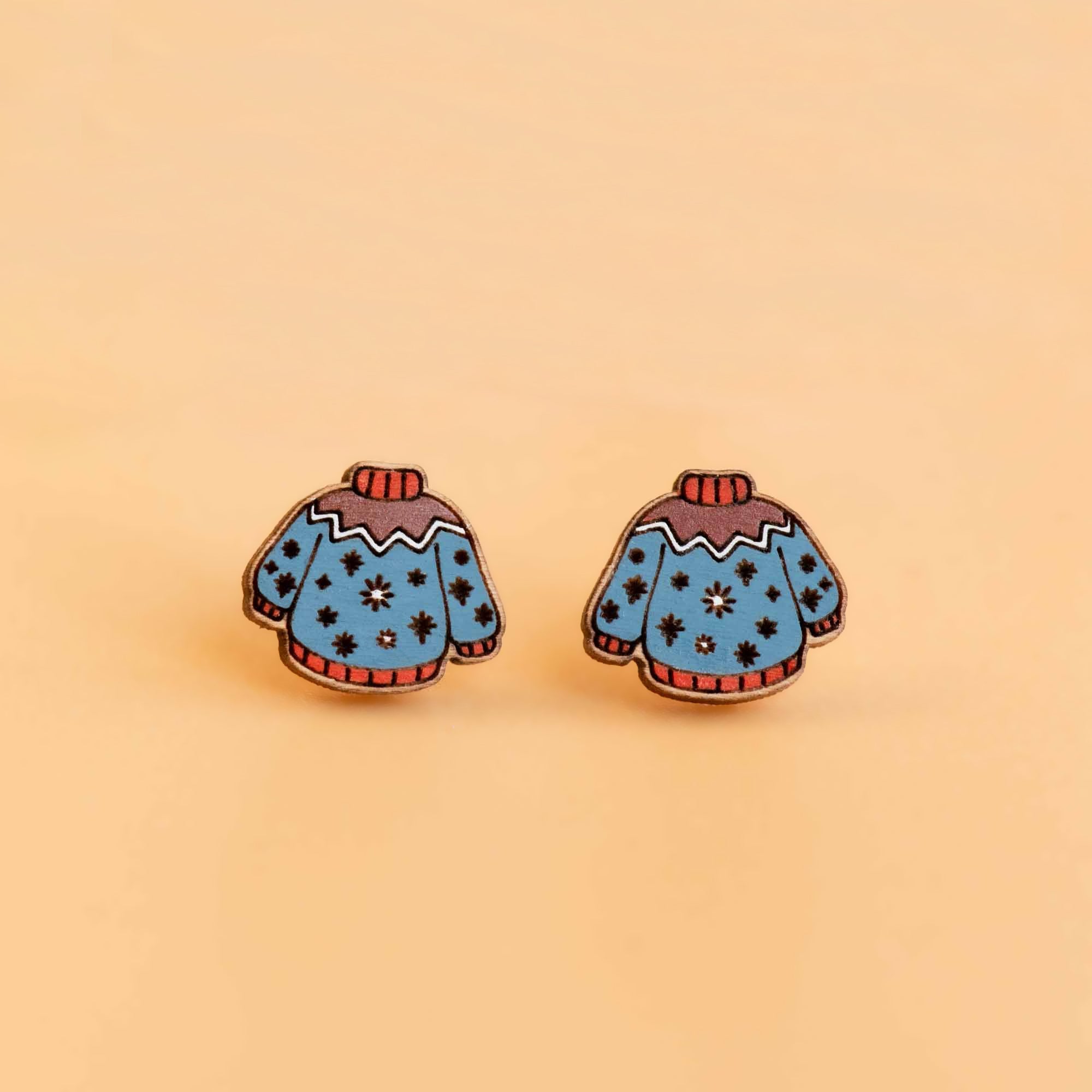 Hand - painted Snowflake Jumper Wooden Earrings - PET15346 - Robin Valley Official Store