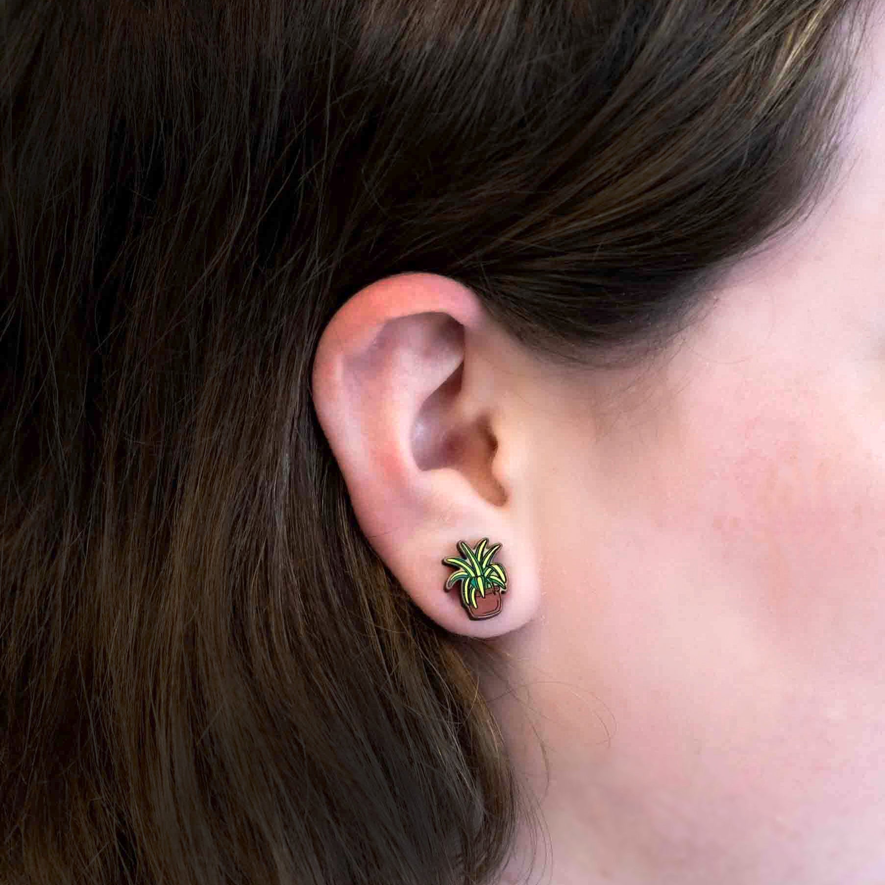 Hand Painted Spider Plant Cherry Wood Stud Earrings - PEO14085 - Robin Valley Official Store