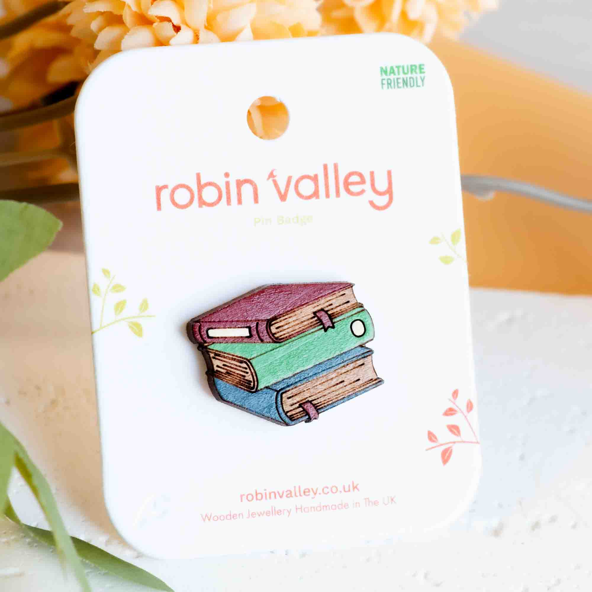 Hand - painted Stacking Books Wooden Pin Badge - PT45281 - Robin Valley Official Store