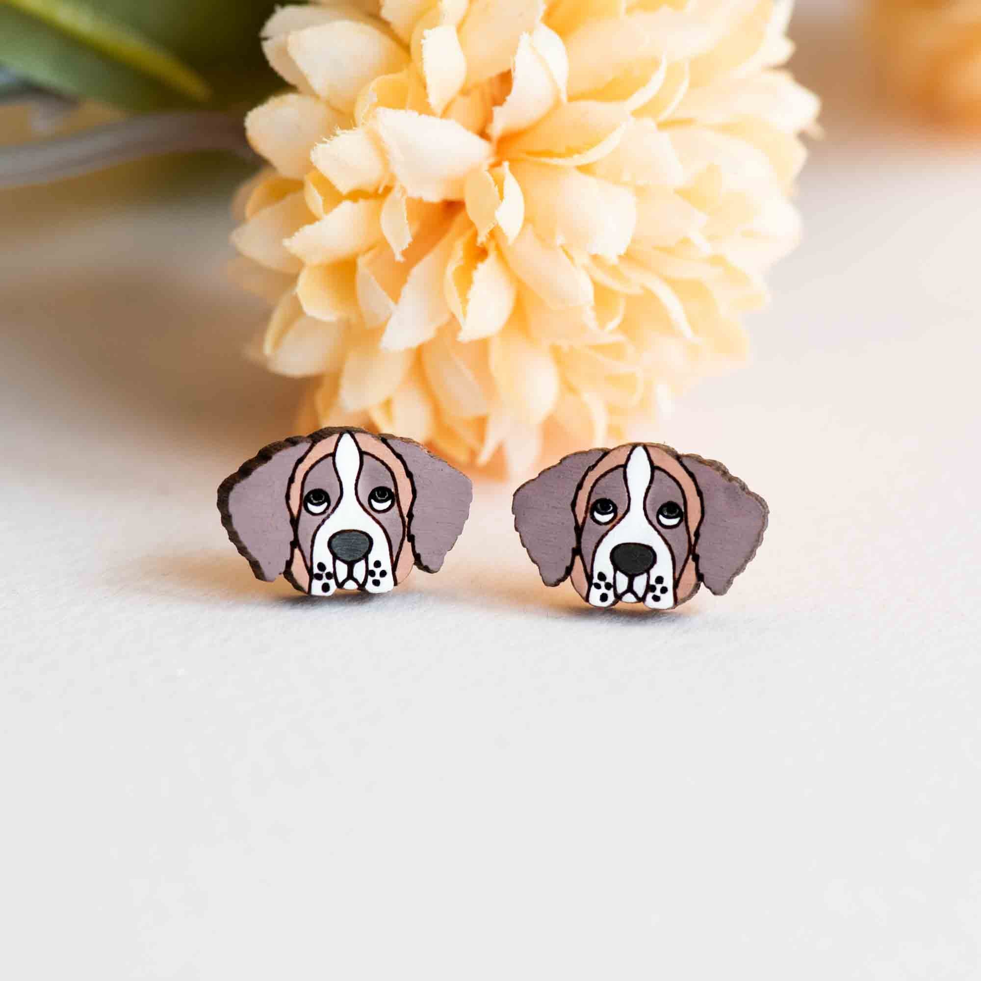 Hand - painted St.Bernard Dog Wooden Earrings - PEL10302 - Robin Valley Official Store
