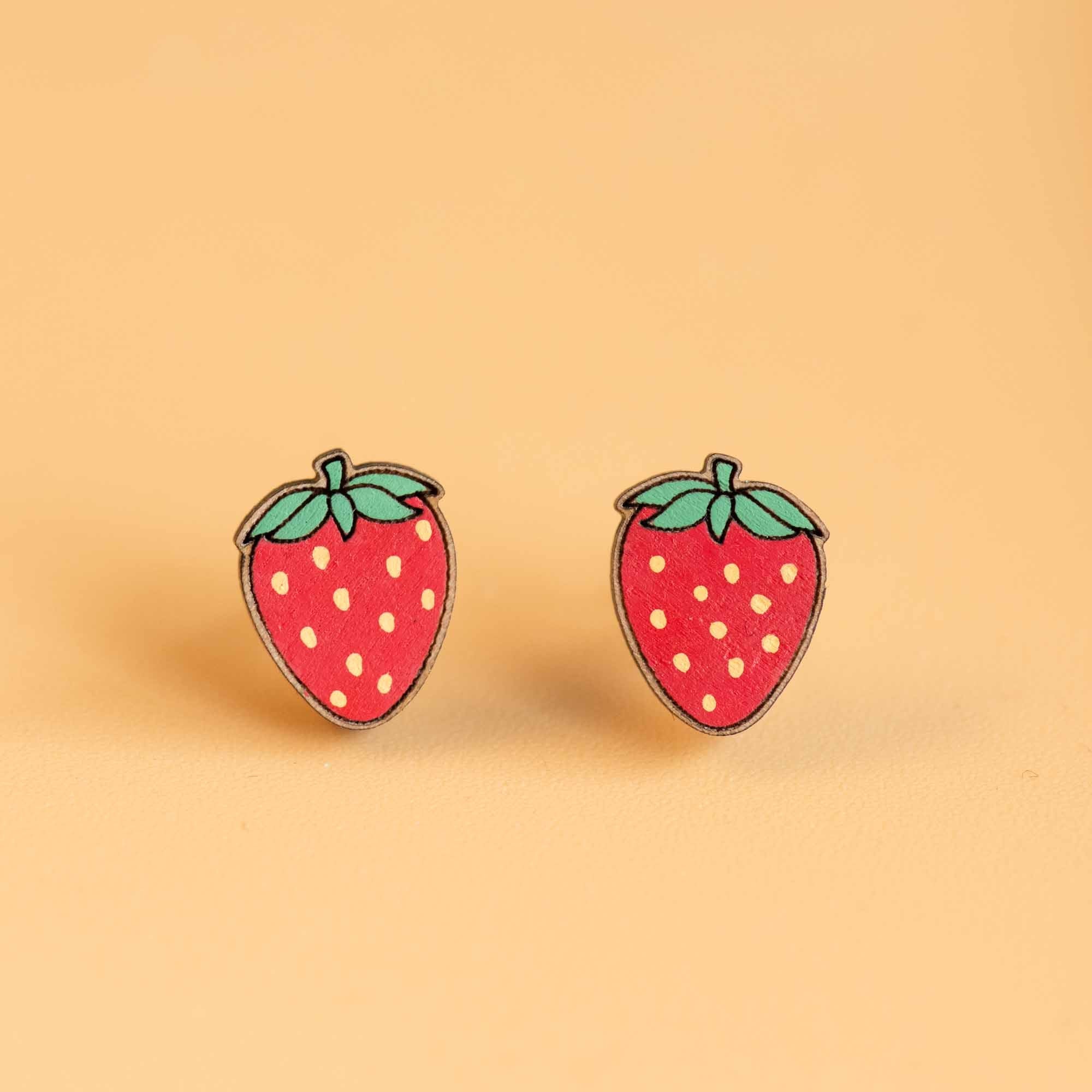 Hand - Painted Strawberry Wooden Earrings - PEO14131 - Robin Valley Official Store