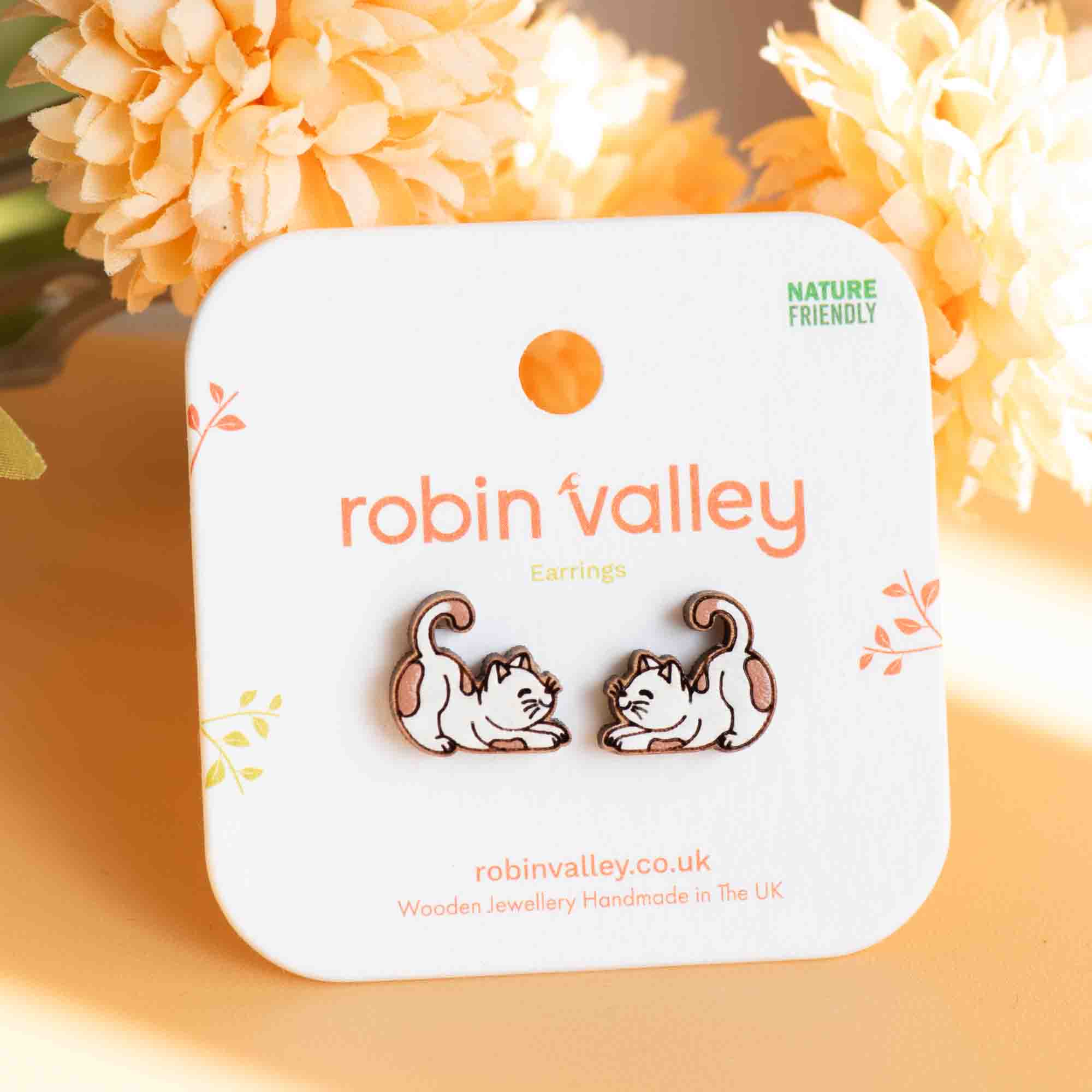 Hand - painted Stretching Cat Wooden Earrings - PEL10040 - Robin Valley Official Store