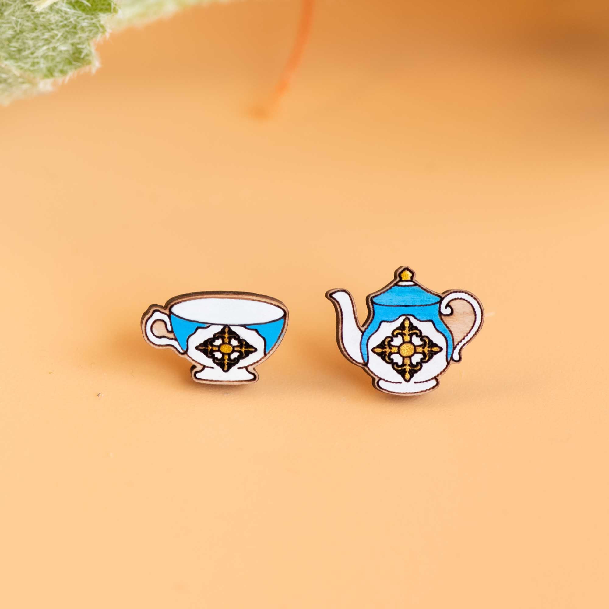 Hand - painted Teapot and Teacup Earrings - PET15278 - Robin Valley Official Store