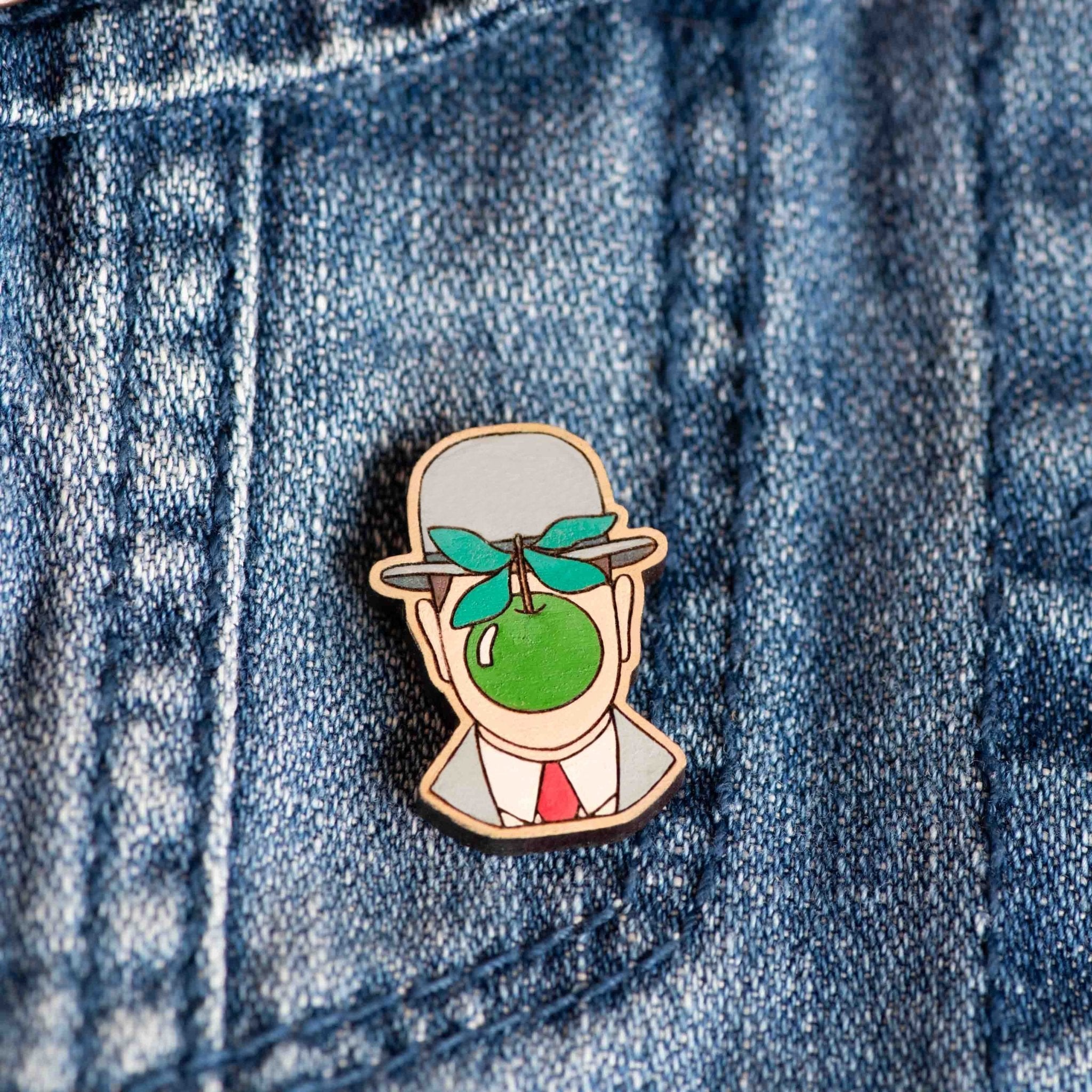 Hand - painted The Son of Man Cherry Wood Pin Badge Inspired by René Magritte - PT45126 - Robin Valley Official Store