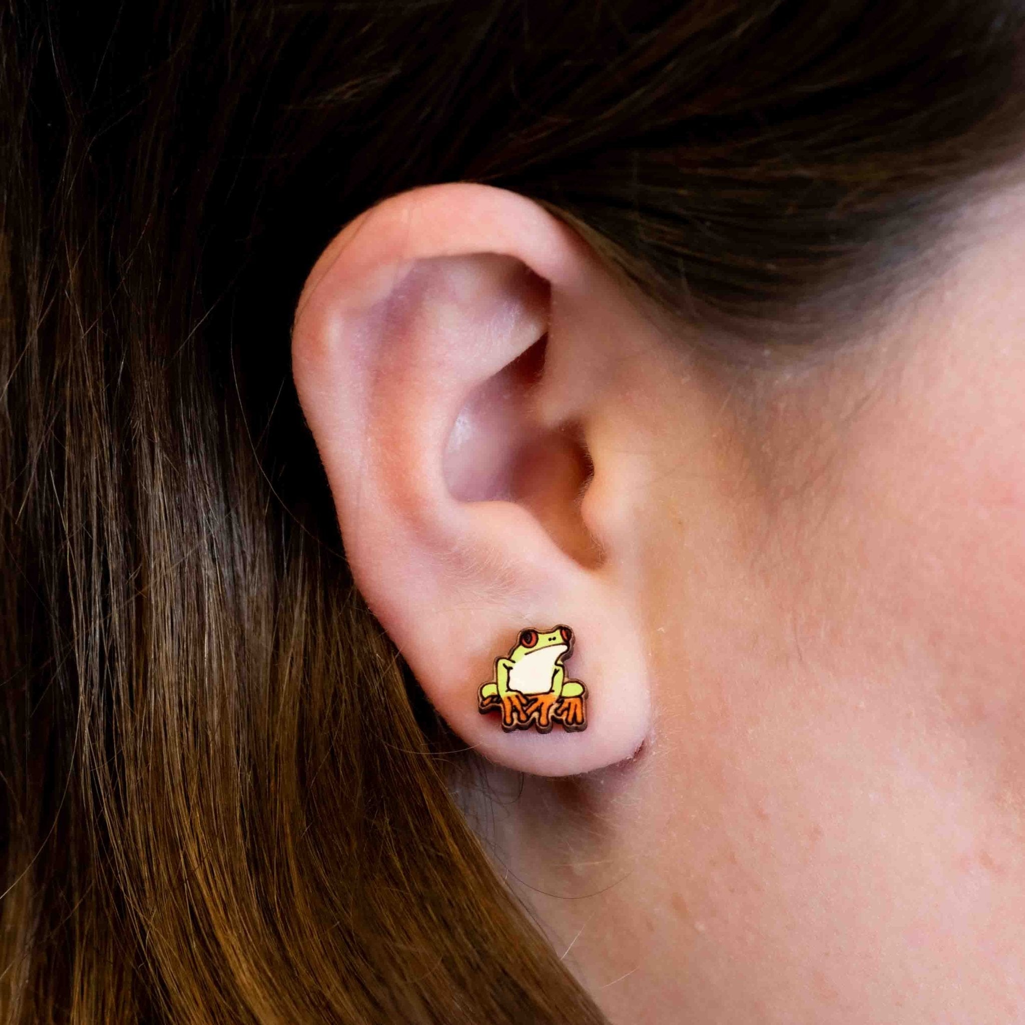 Hand - painted Tree Frog Cherry Wood Stud Earrings - PEL10232 - Robin Valley Official Store