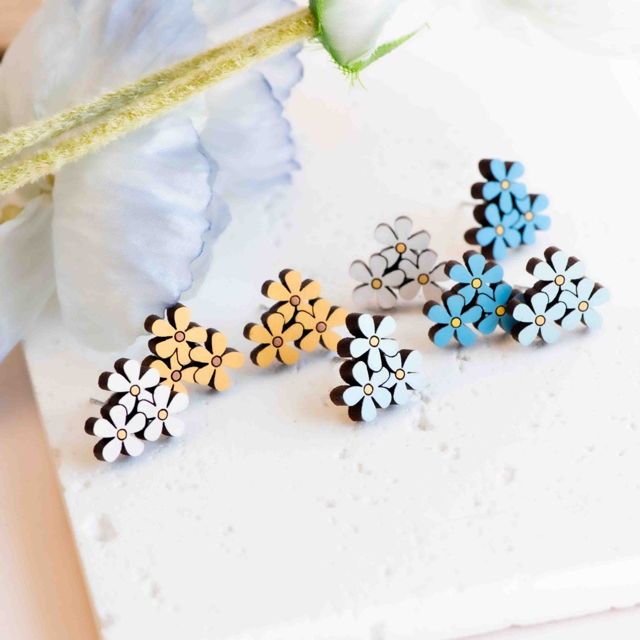 Hand - painted Triple Flower Wooden Stud Earrings - Robin Valley Official Store