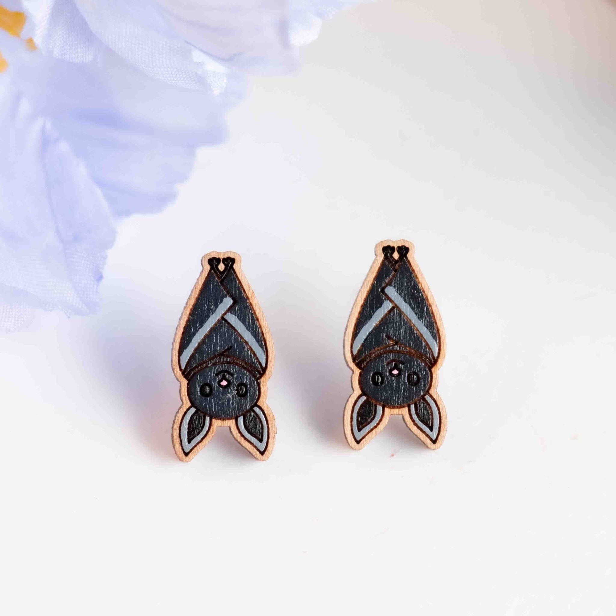 Hand - painted Upside - down Bat Wooden Earrings - PEO14258 - Robin Valley Official Store