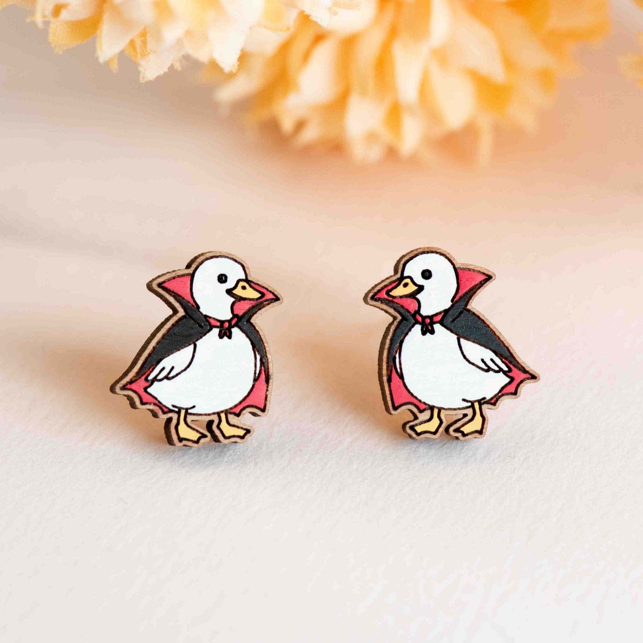 Hand - painted Vampire Duck Wooden Stud Earrings - PEB12118 - Robin Valley Official Store