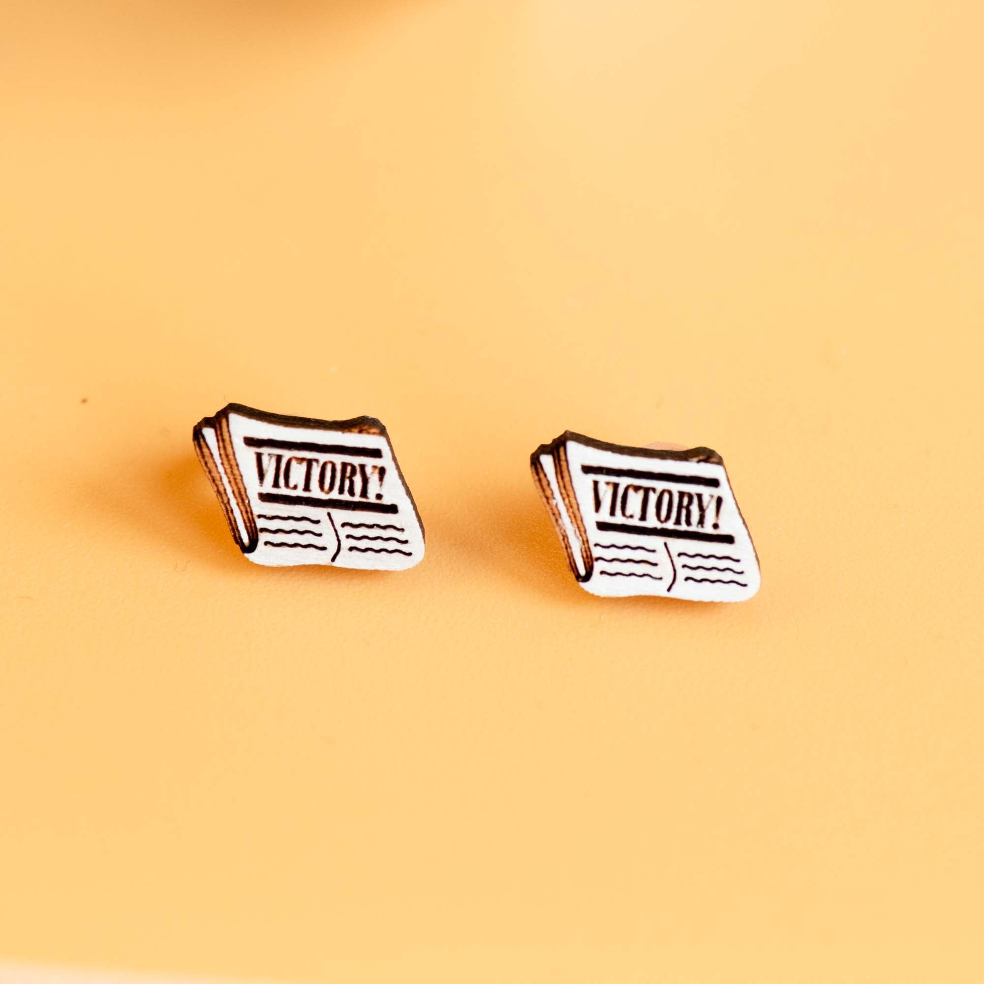 Hand - painted Victory Newspaper Wooden Stud Earrings - PET15315 - Robin Valley Official Store