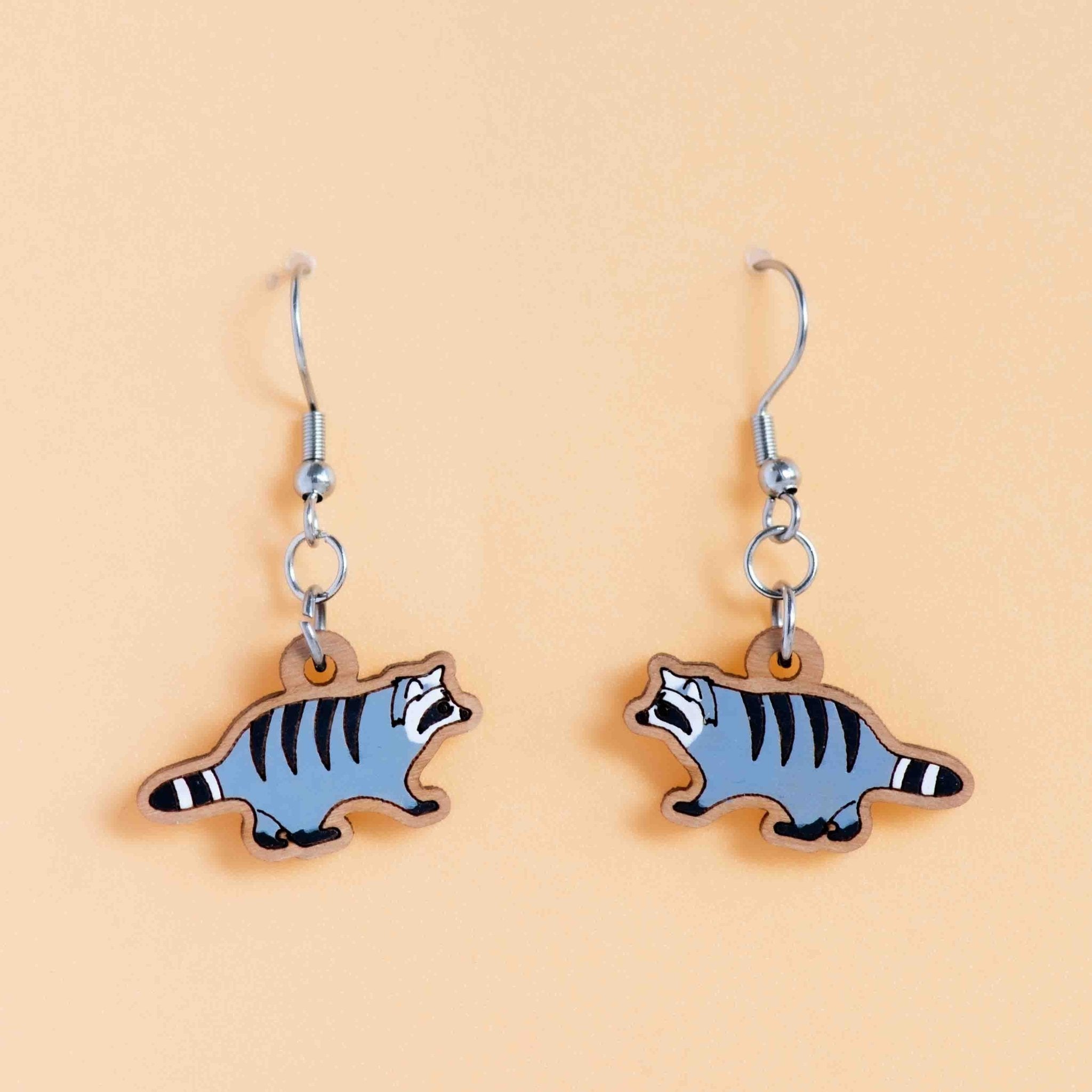 Hand - painted Walking Raccoon Wooden Hook Earrings - PEL10352D - Robin Valley Official Store