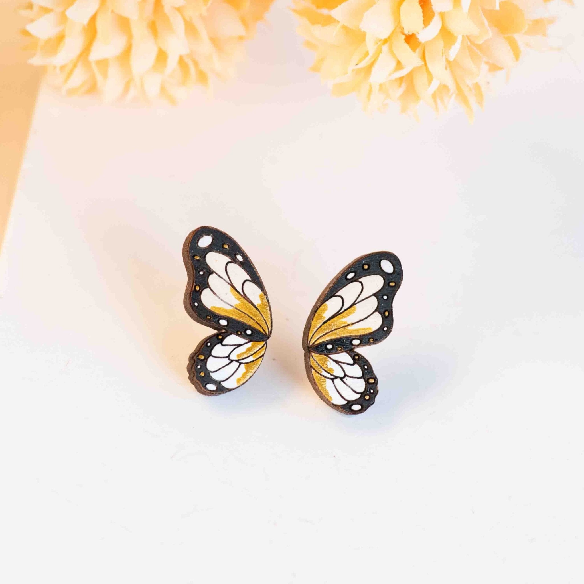 Hand - painted White Butterfly Wings Wooden Stud Earrings - PEO14227 - Robin Valley Official Store