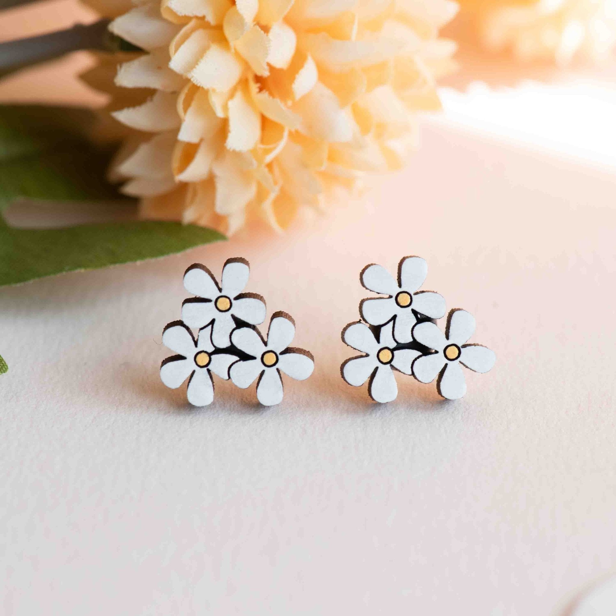 Hand - painted White Flower Cluster Wooden Stud Earrings - PEO14231 - Robin Valley Official Store