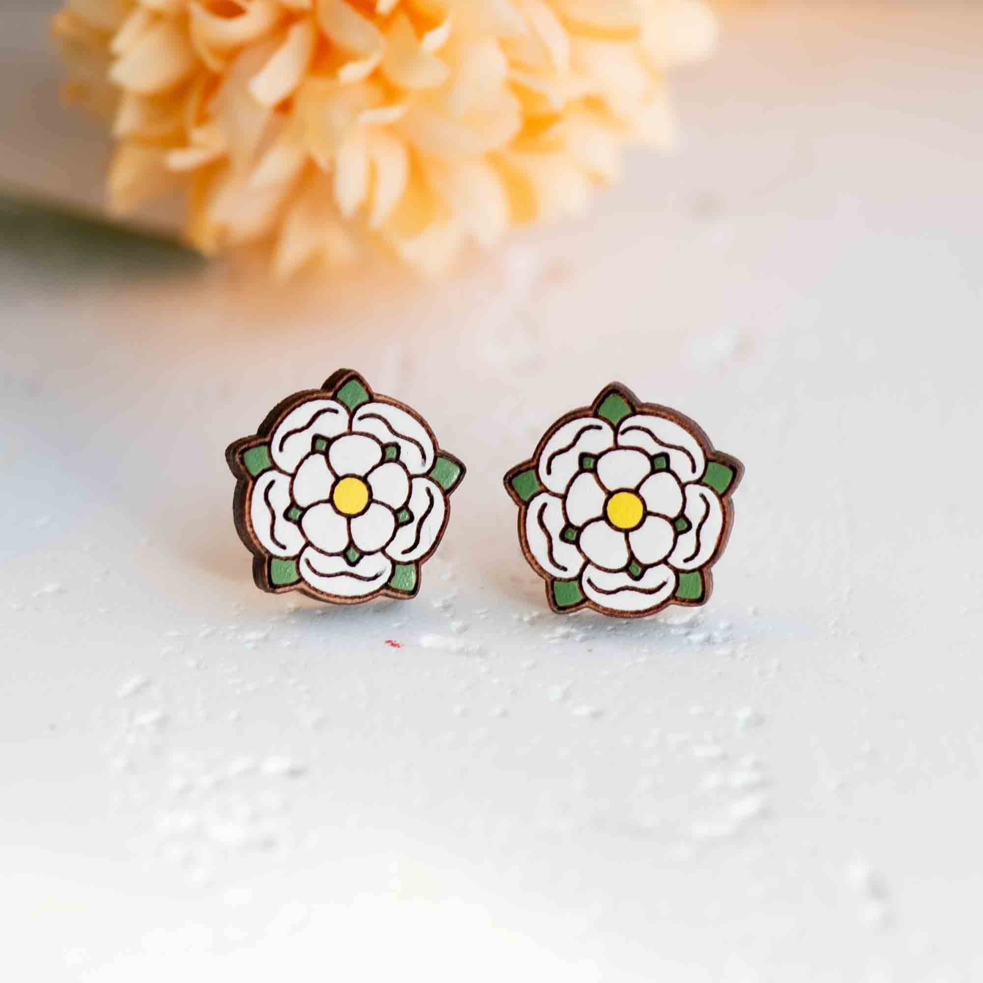 Hand - painted White Tudor Rose Wooden Earrings - PEO14117 - Robin Valley Official Store