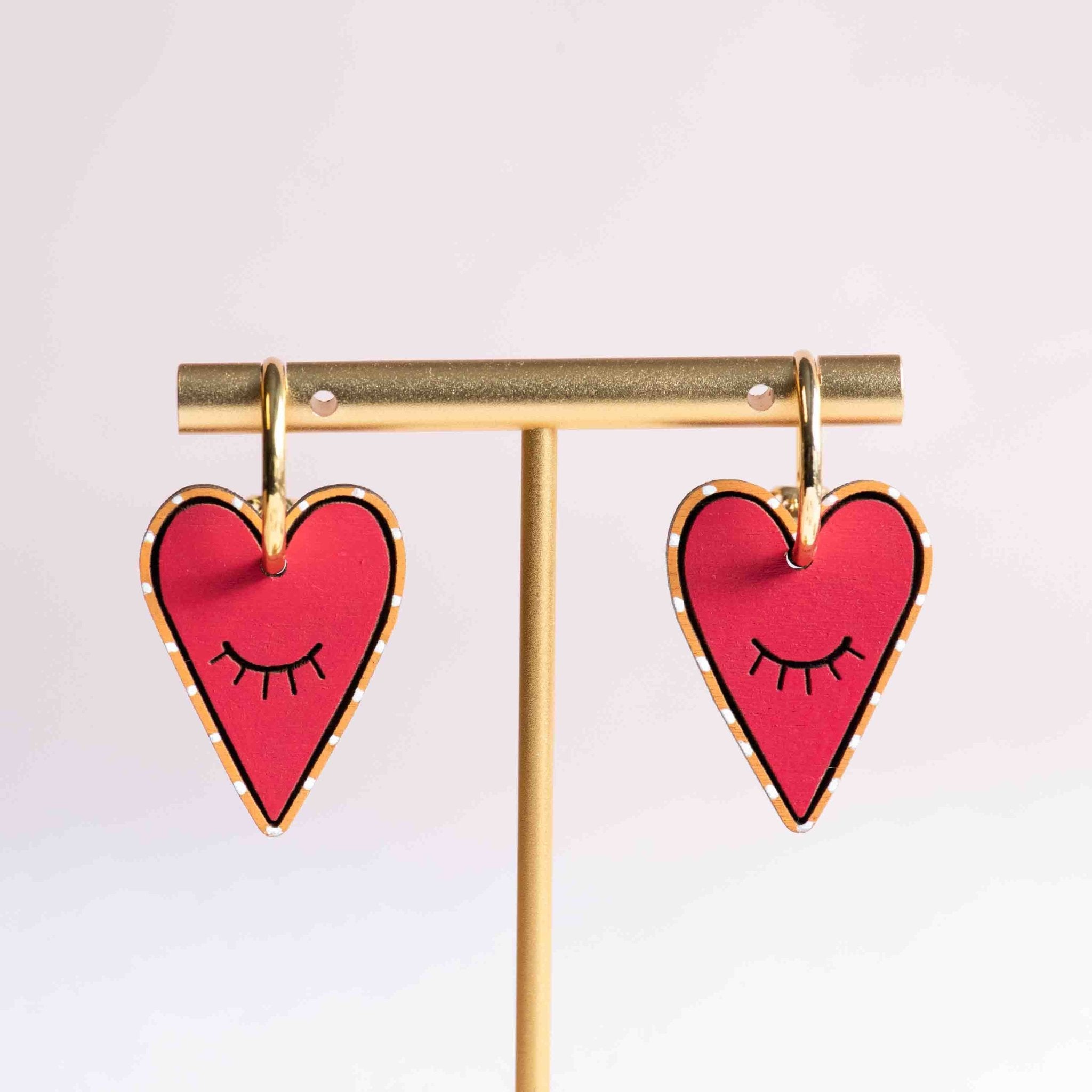 Hand - Painted Wink Heart Wooden Hoop Earrings - PET15453H - Robin Valley Official Store