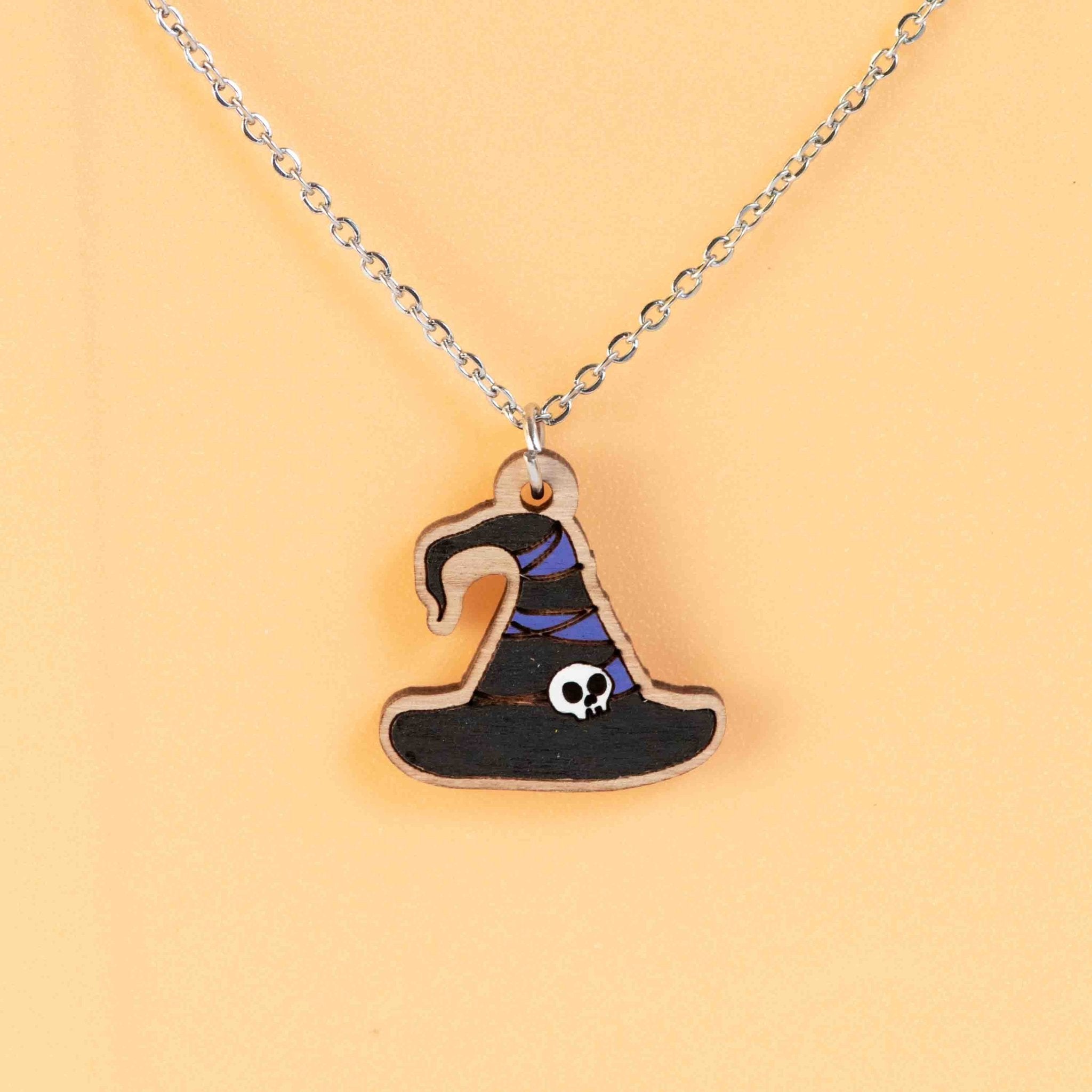 Hand Painted Witch Hat (skull) Wooden Necklace - NT65194 - Robin Valley Official Store