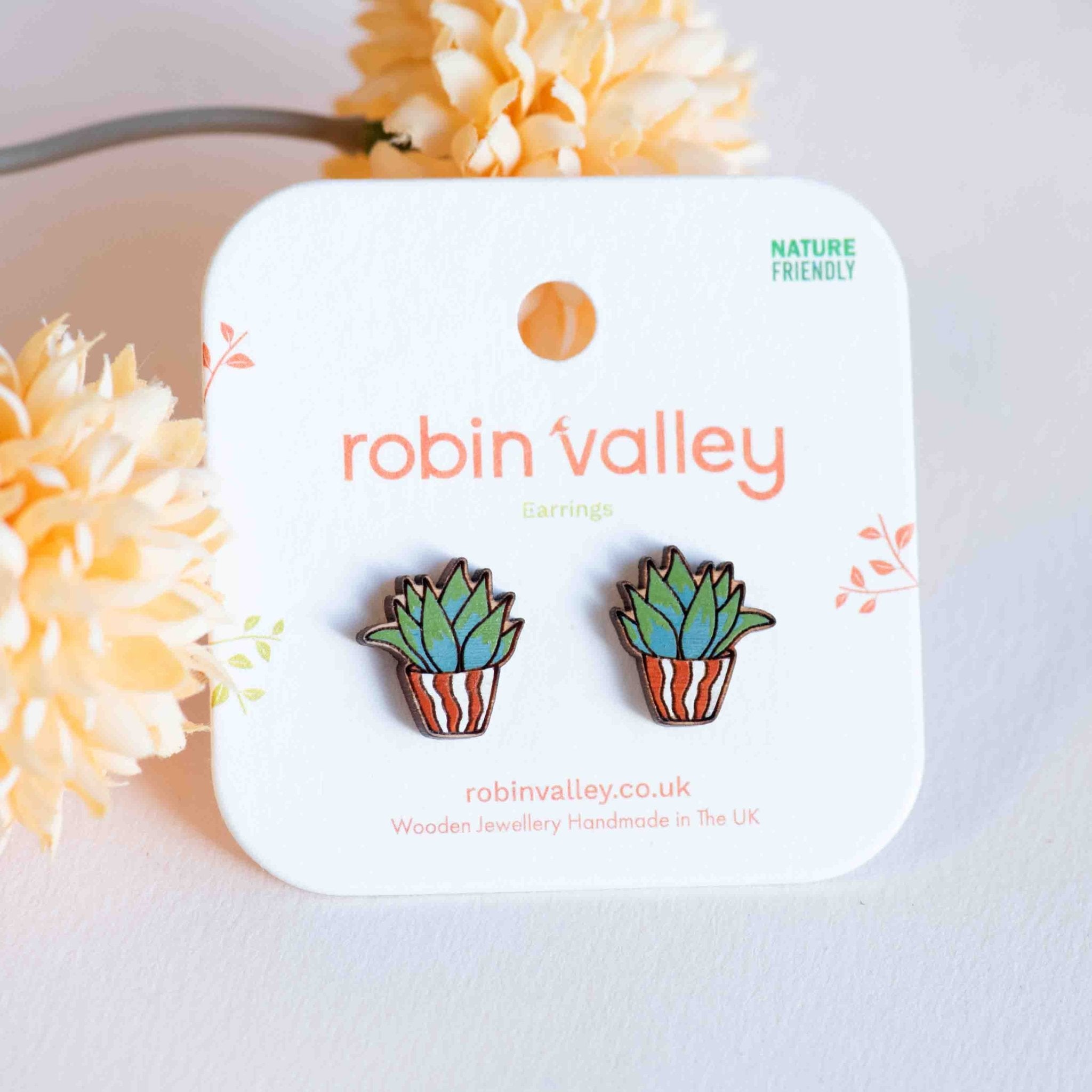 Hand - painted Wooden Aloe Plant Earrings - PEO14176 - Robin Valley Official Store