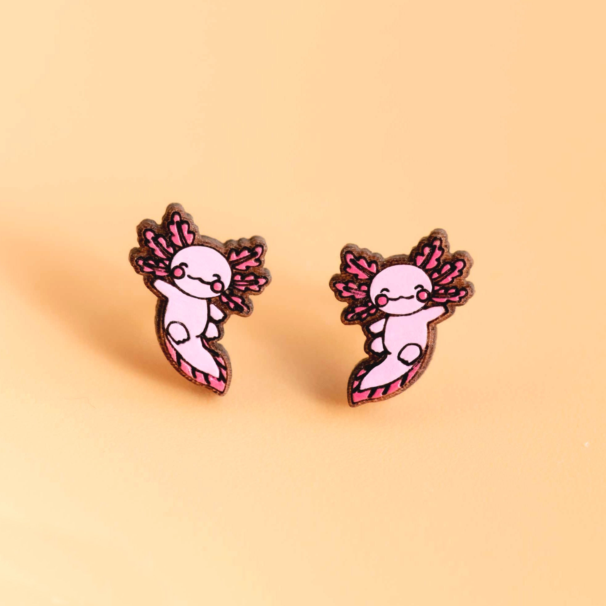 Hand - painted Wooden Axolotl (Straight) Earrings Stud - PES13110 - Robin Valley Official Store
