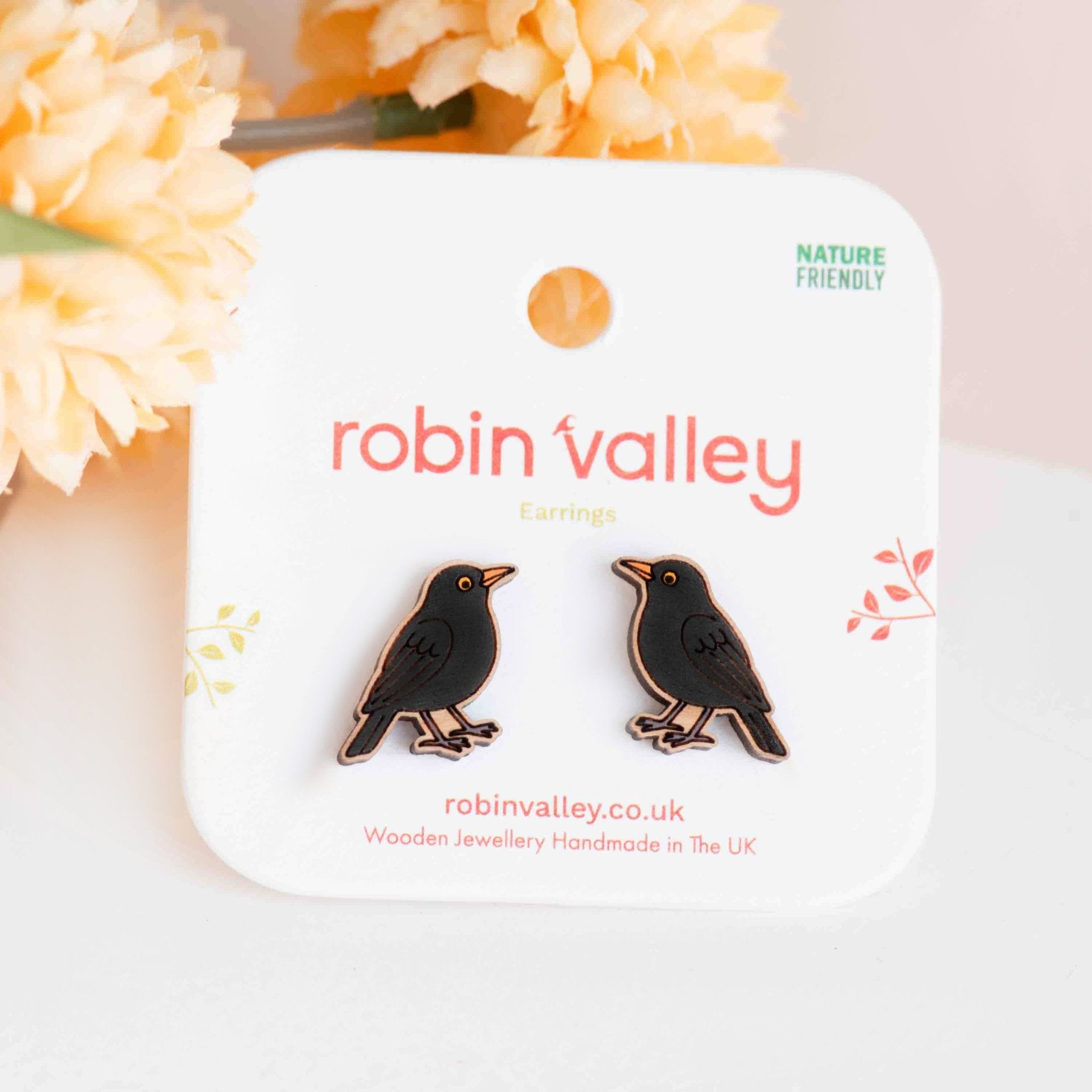 Hand - painted Wooden Black Bird Earrings - PEB12128 - Robin Valley Official Store