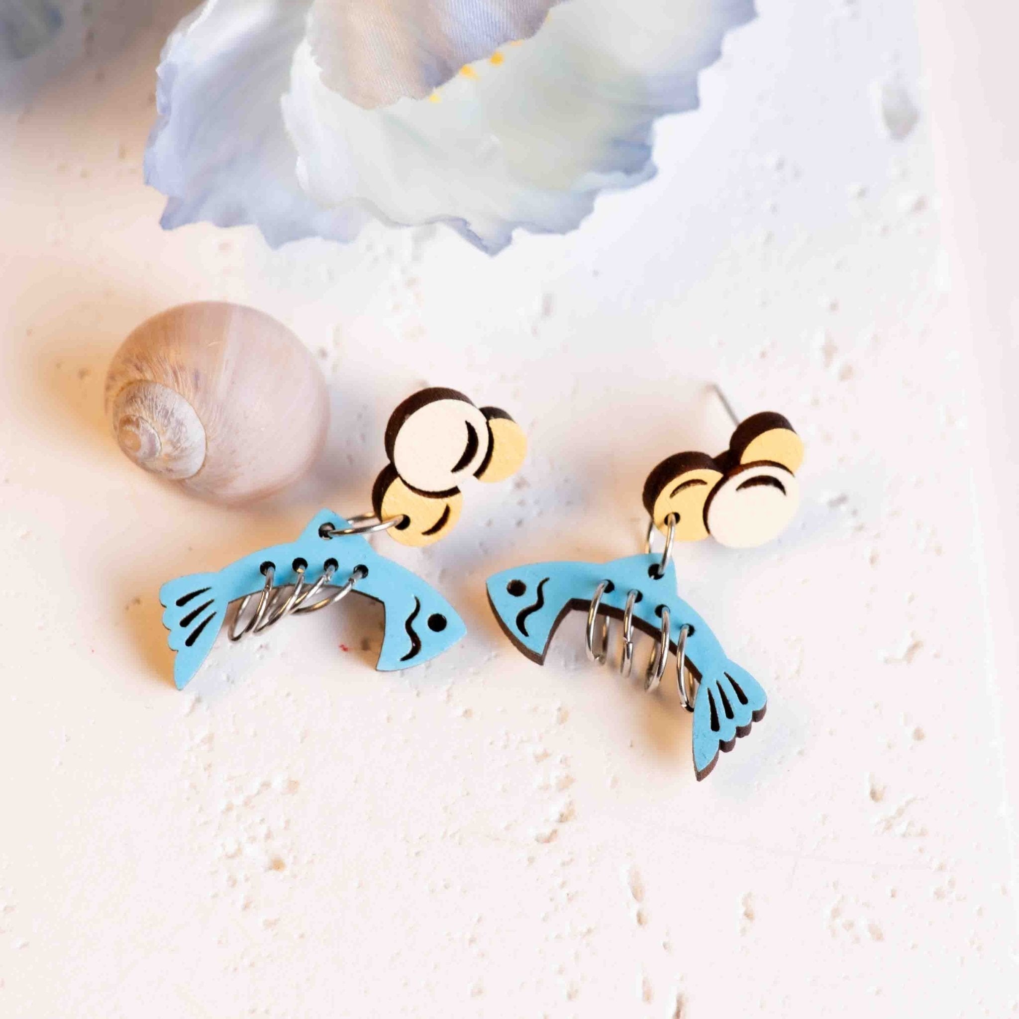 Hand - Painted Wooden Blue Fish bone Drop Wooden Earrings - PES13129D - Robin Valley Official Store