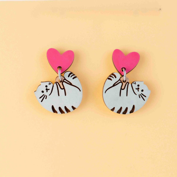 Hand - Painted Wooden Cat Heart Drop Earrings - PEL10387D - Robin Valley Official Store