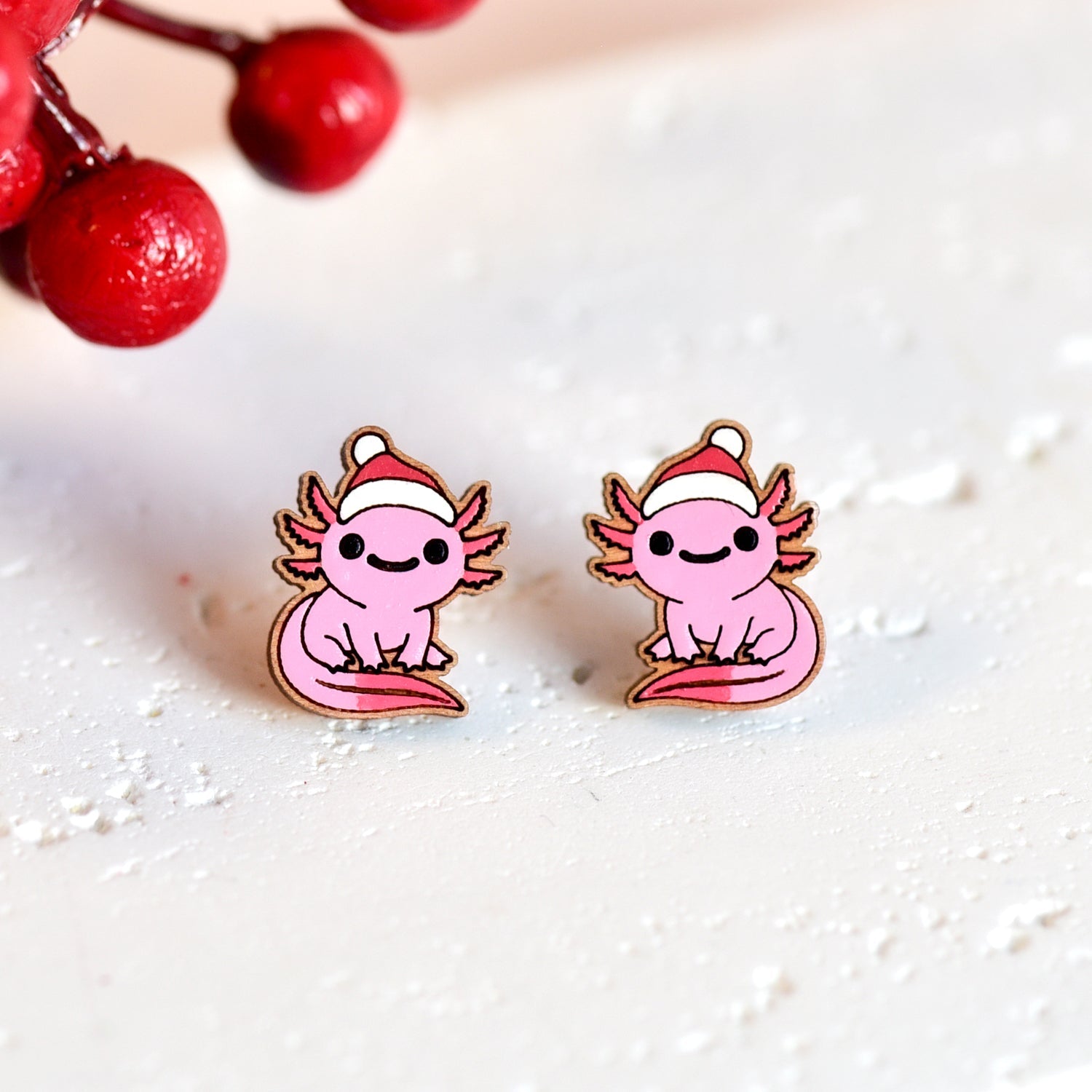 Hand - painted Wooden Christmas Axolotl Earrings - PES13133X (sitting) - Robin Valley Official Store