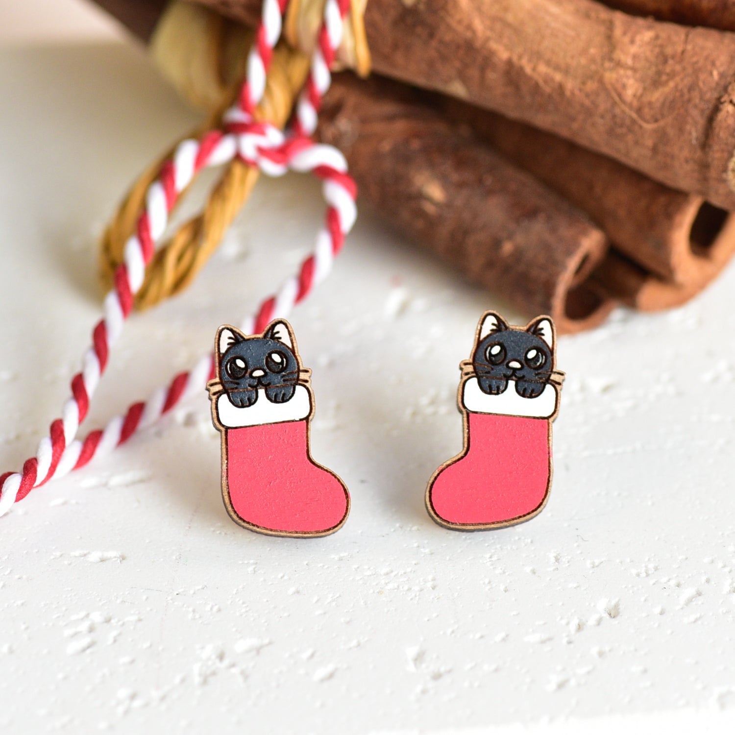 Hand - painted Wooden Christmas Cat in Sock Earrings - PEL10510 - Robin Valley Official Store