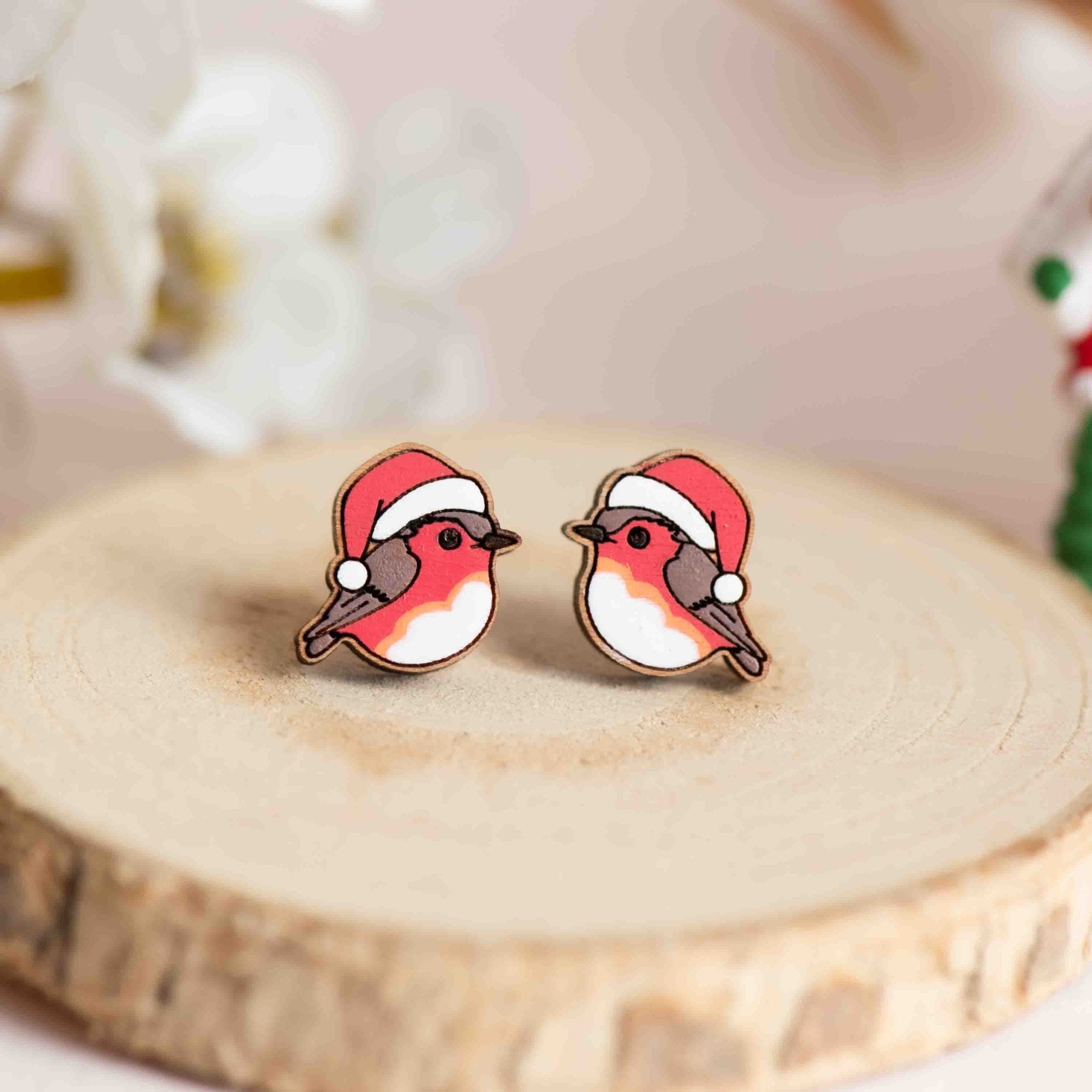 Hand - painted Wooden Christmas Robin Bird Earrings - PEB12049 - Robin Valley Official Store