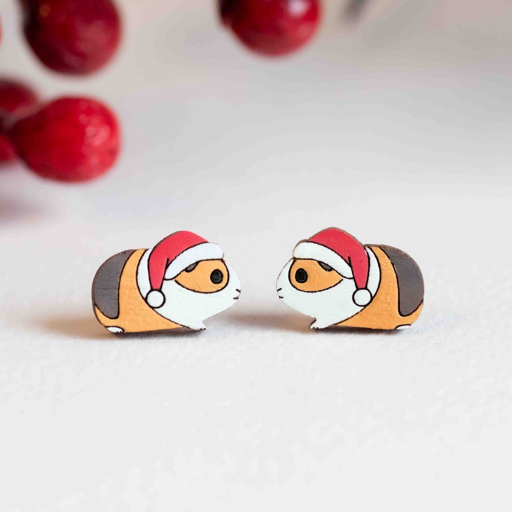 Hand - painted Wooden Christmas Running Guinea Pig Earrings - PEL10418X - Robin Valley Official Store