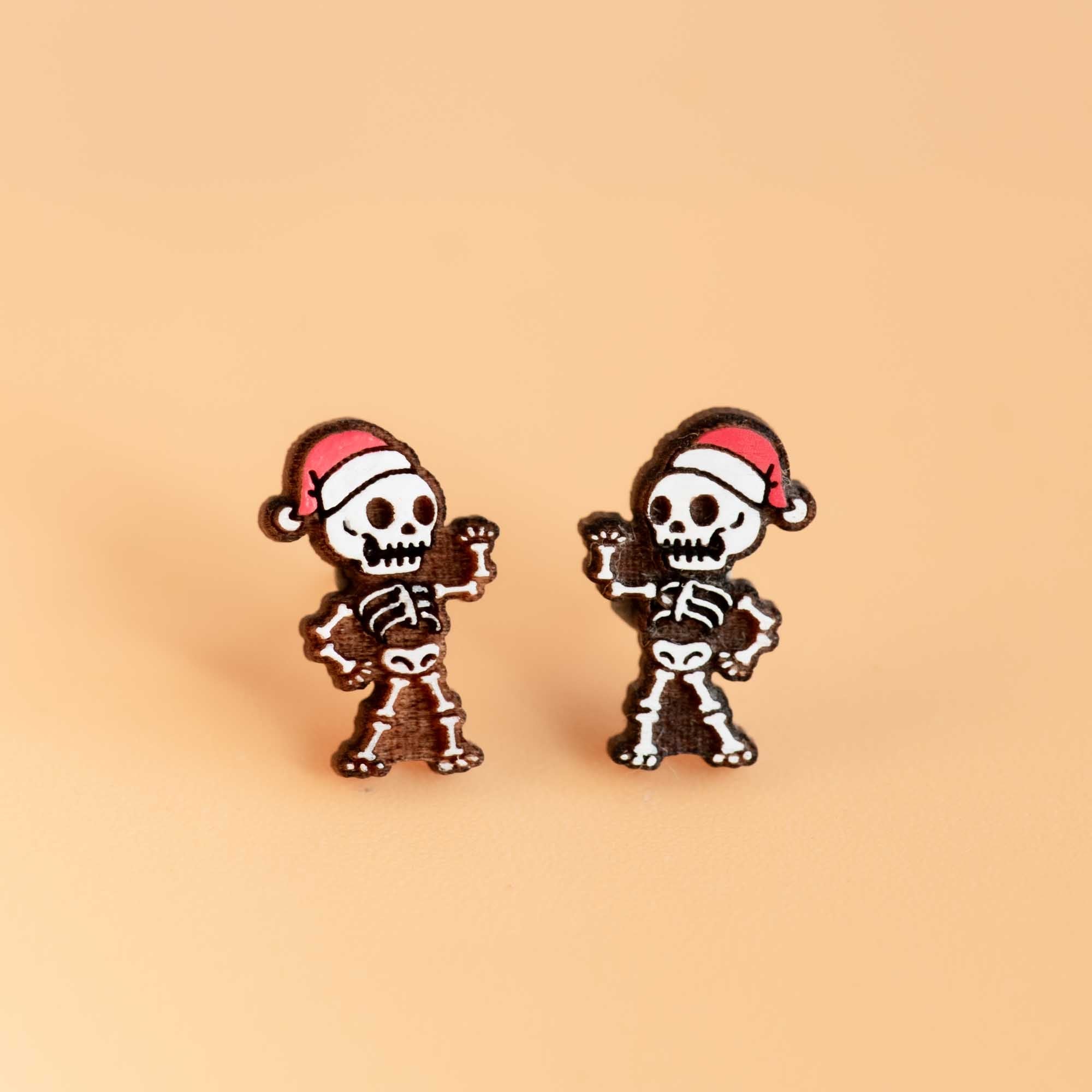 Hand - painted Wooden Christmas Skeleton Earrings - PET15247X - Robin Valley Official Store