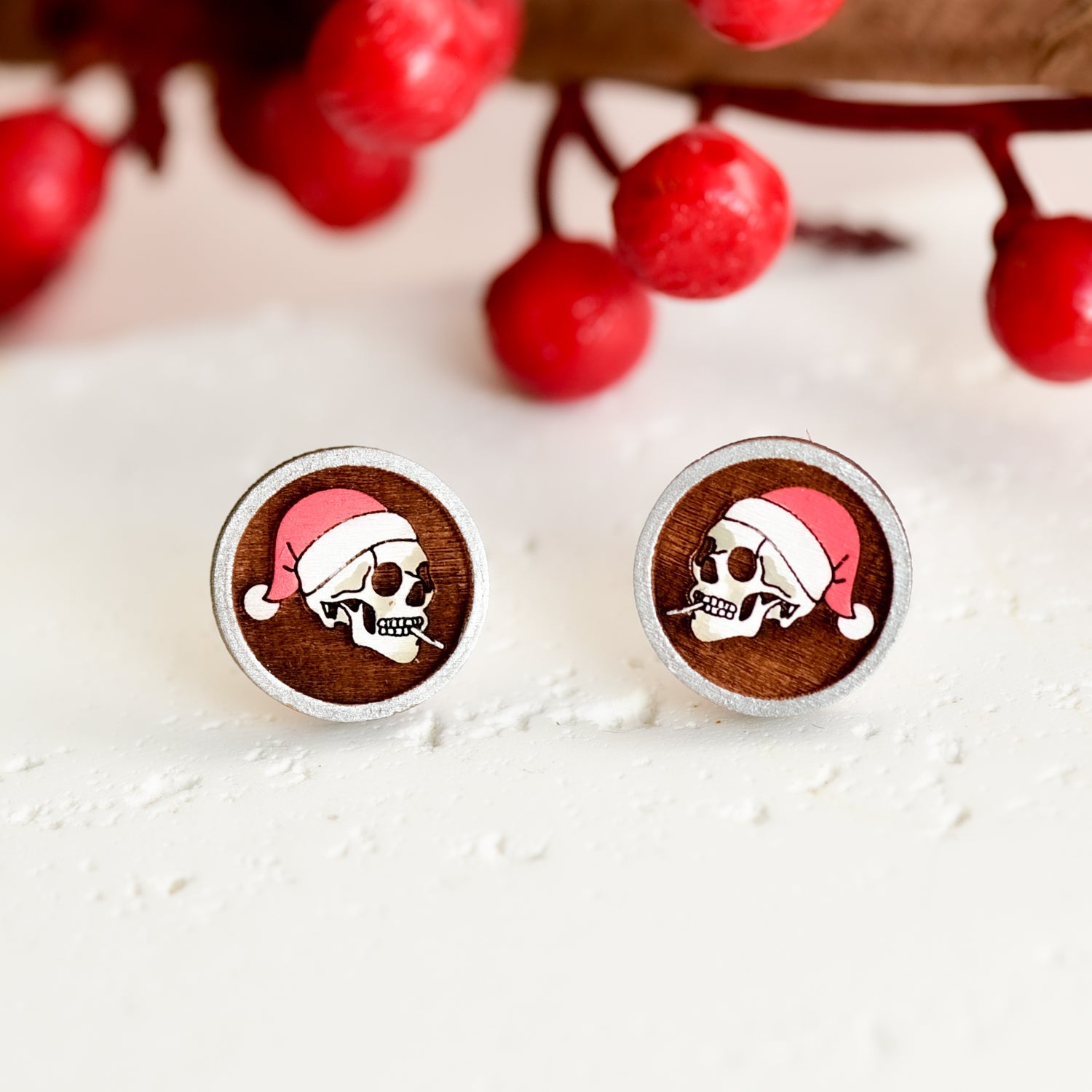 Hand - painted Wooden Christmas Smoking Skull Earrings - PET15309X - Robin Valley Official Store