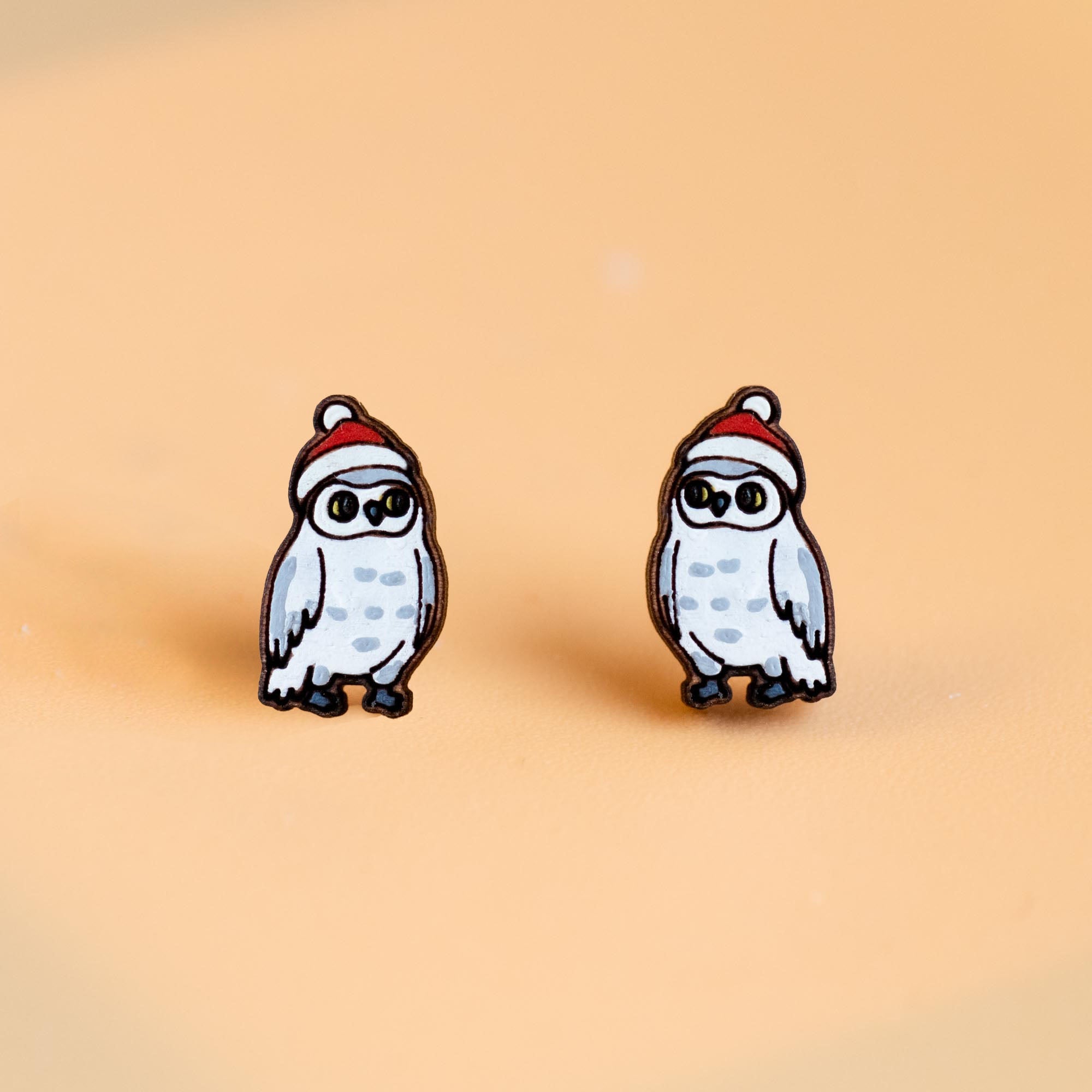 Hand - Painted Wooden Christmas Snowy Owl Earrings - PEB12057 - Robin Valley Official Store
