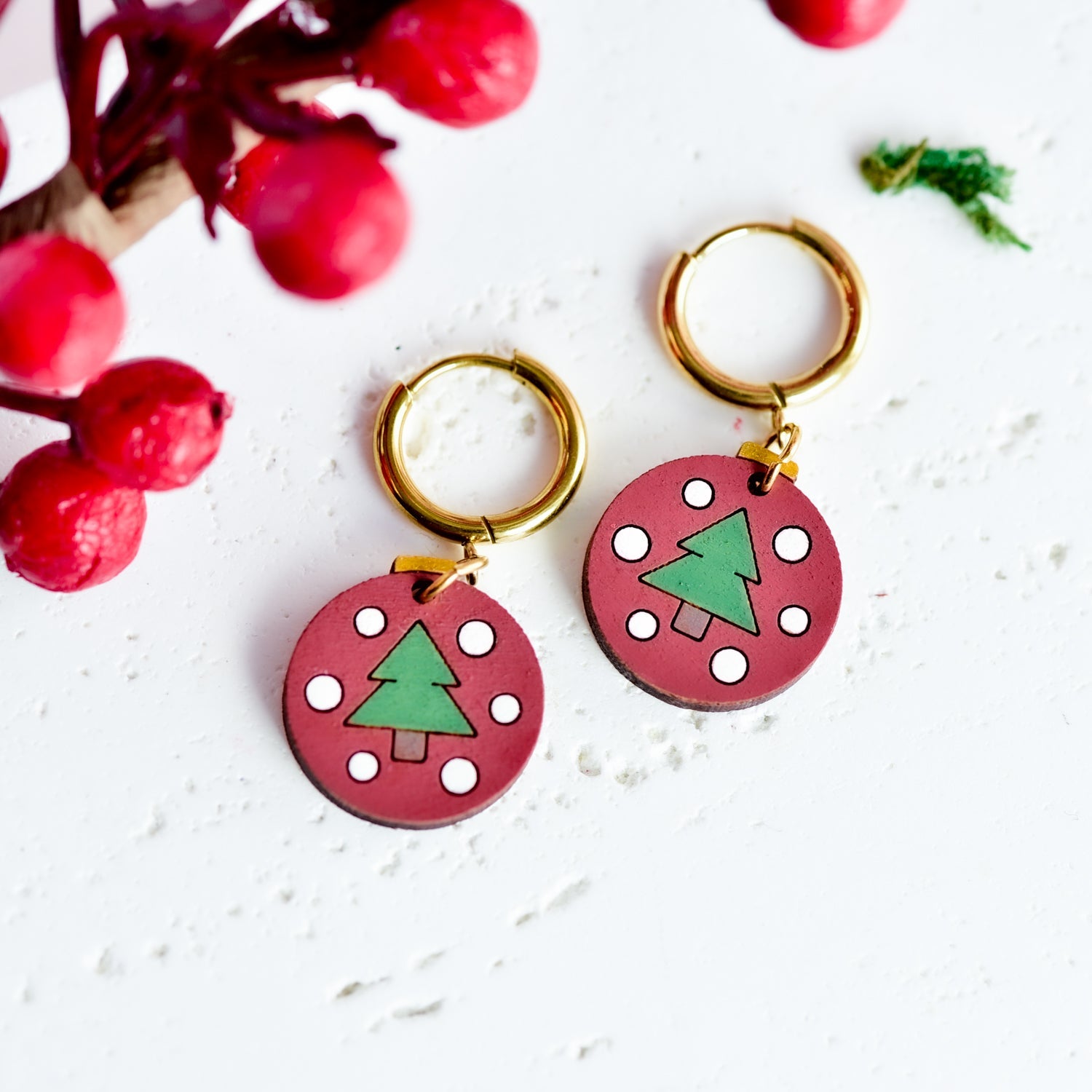Hand - Painted Wooden Christmas Tree Baubles Hoop Earrings - PET15504H - Robin Valley Official Store