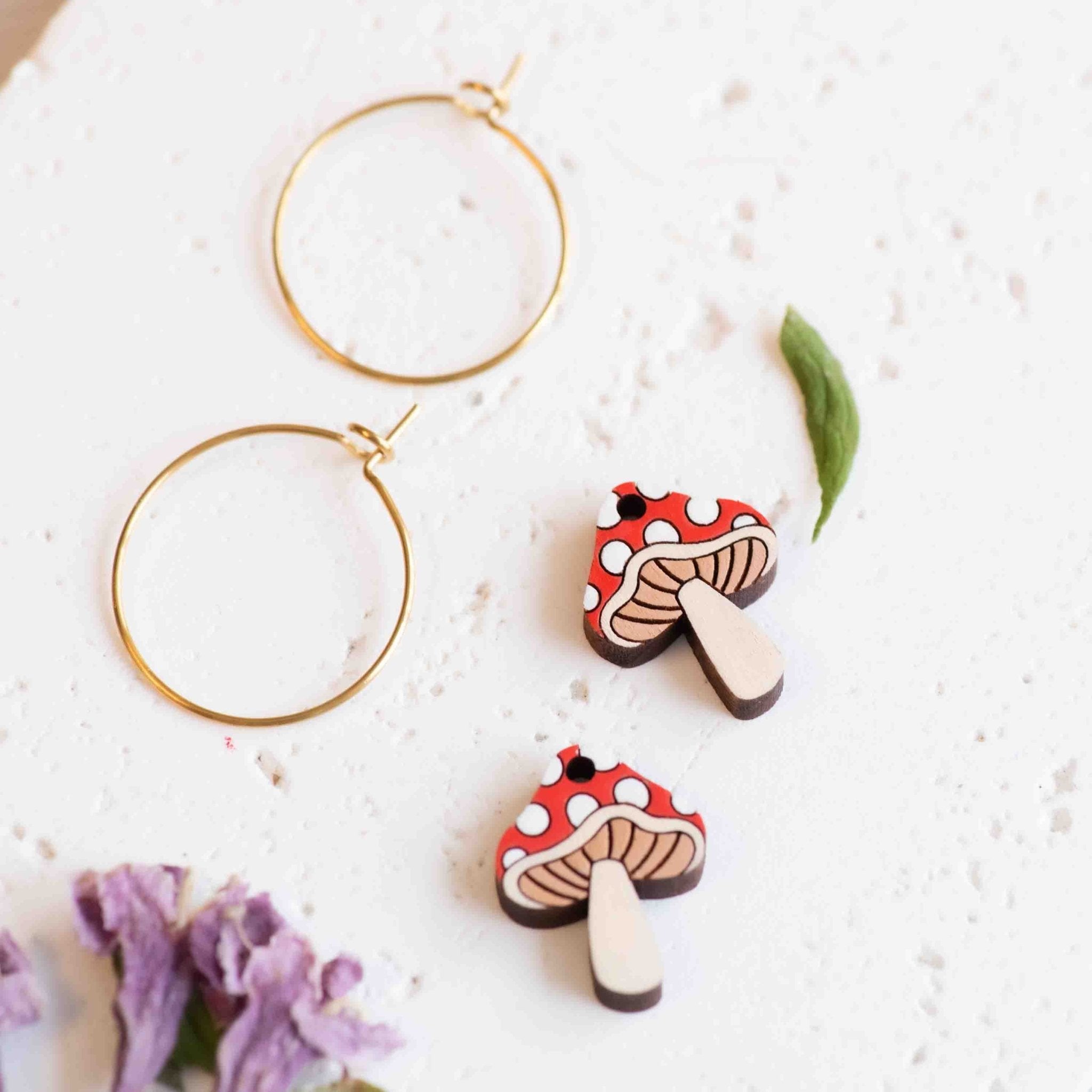 Hand - painted Wooden Cute Toadstool Hoop Earrings - PEO14248H - Robin Valley Official Store